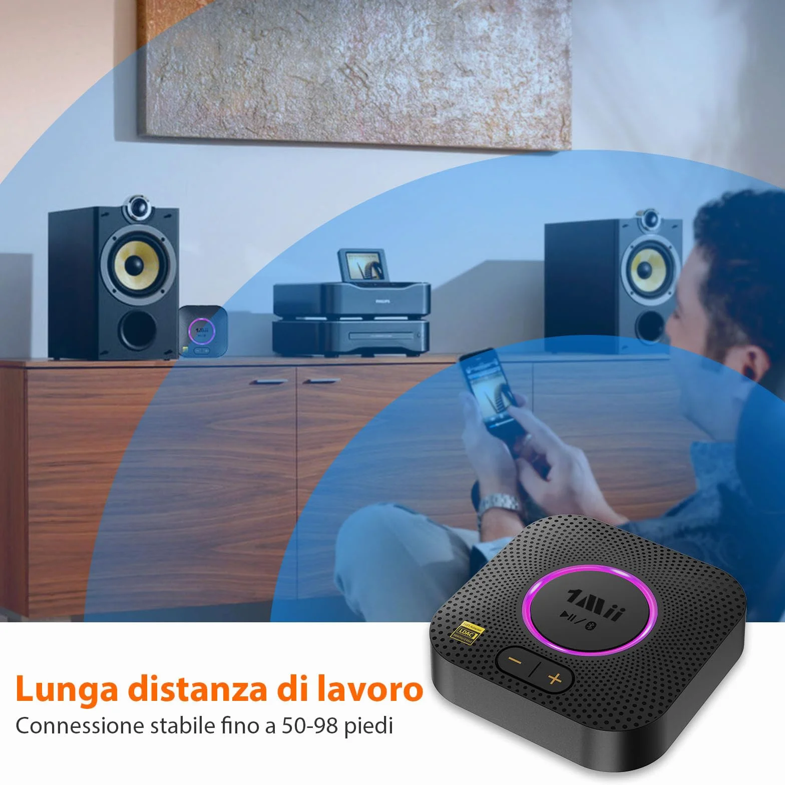 1Mii B06S+ Ricevitore Bluetooth 5.3 HiFi LDAC Adattatore Audio con Jack AUX 3.5mm RCA aptX Bassa Latenza 100ft Controllo Volume