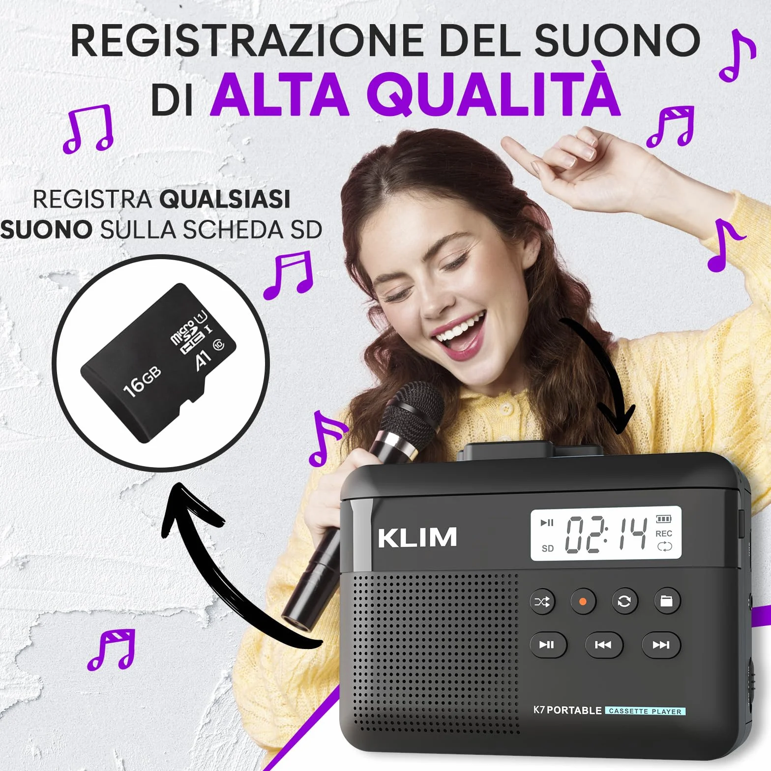 Fusion K7 Cassette Player Convertitore MP3 Portatile con Auricolari, Microfono, Altoparlante, Batteria Ricaricabile, Scheda SD 16GB, Nero