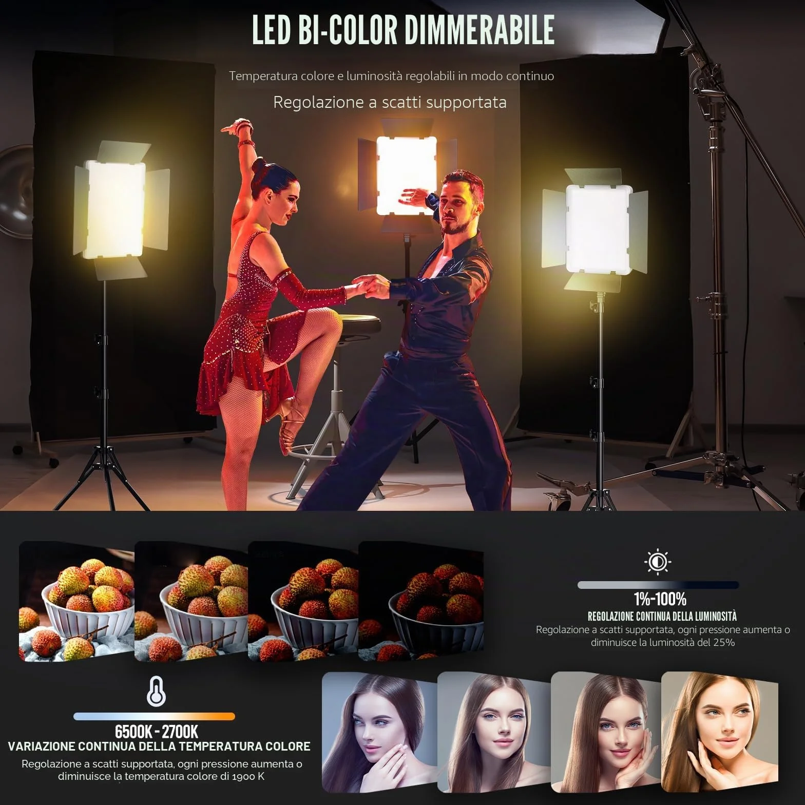 Niceveedi Illuminazione Fotografica, 2 Luci Da Studio Bicolore 2700-6500K 36W Kit Luce Video Led Dimmerabile Per Streaming Video/Giochi/Ritratti Con Camera, Luci Cri 95+ &Telecomando e 183cm Treppiede