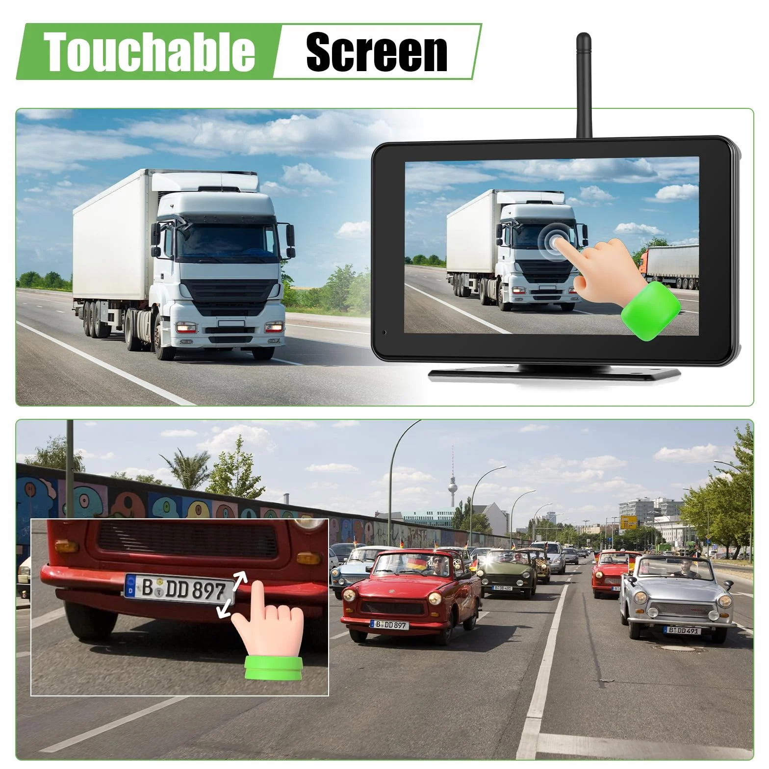 Telecamera di retromarcia senza fili 7" IPS touchscreen set per camper con telecamera posteriore a visione notturna, impermeabile IP68, registrazione in loop, BSD e linea di retromarcia