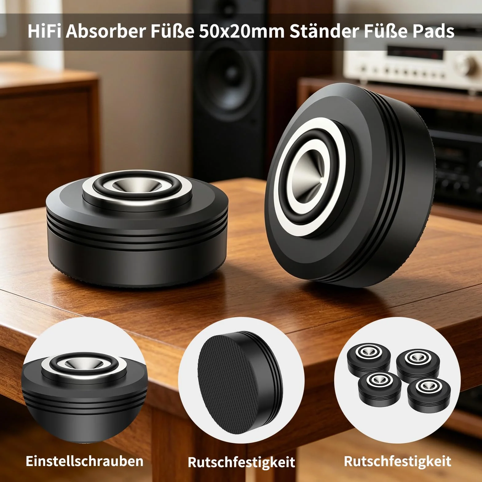 HiFi Supporto per altoparlante 50×20 mm alluminio ammortizzatori piedini isolanti 4 pezzi nero