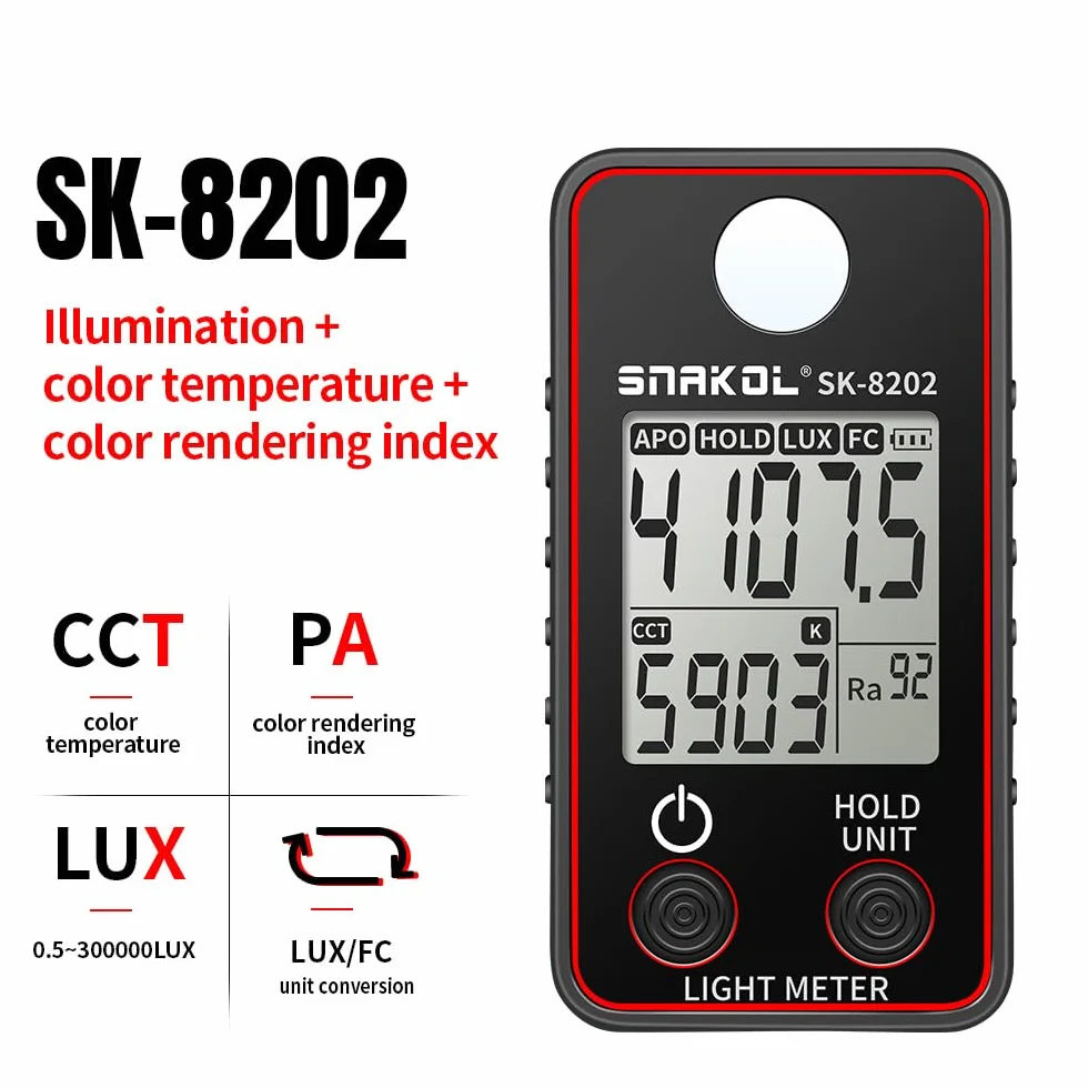 Jemora Tester della temperatura del Misuratore di illuminamento ad alta precisione 0,5-300000LUX Misuratore di illuminazione a LED Misuratore di luminanza fotografica
