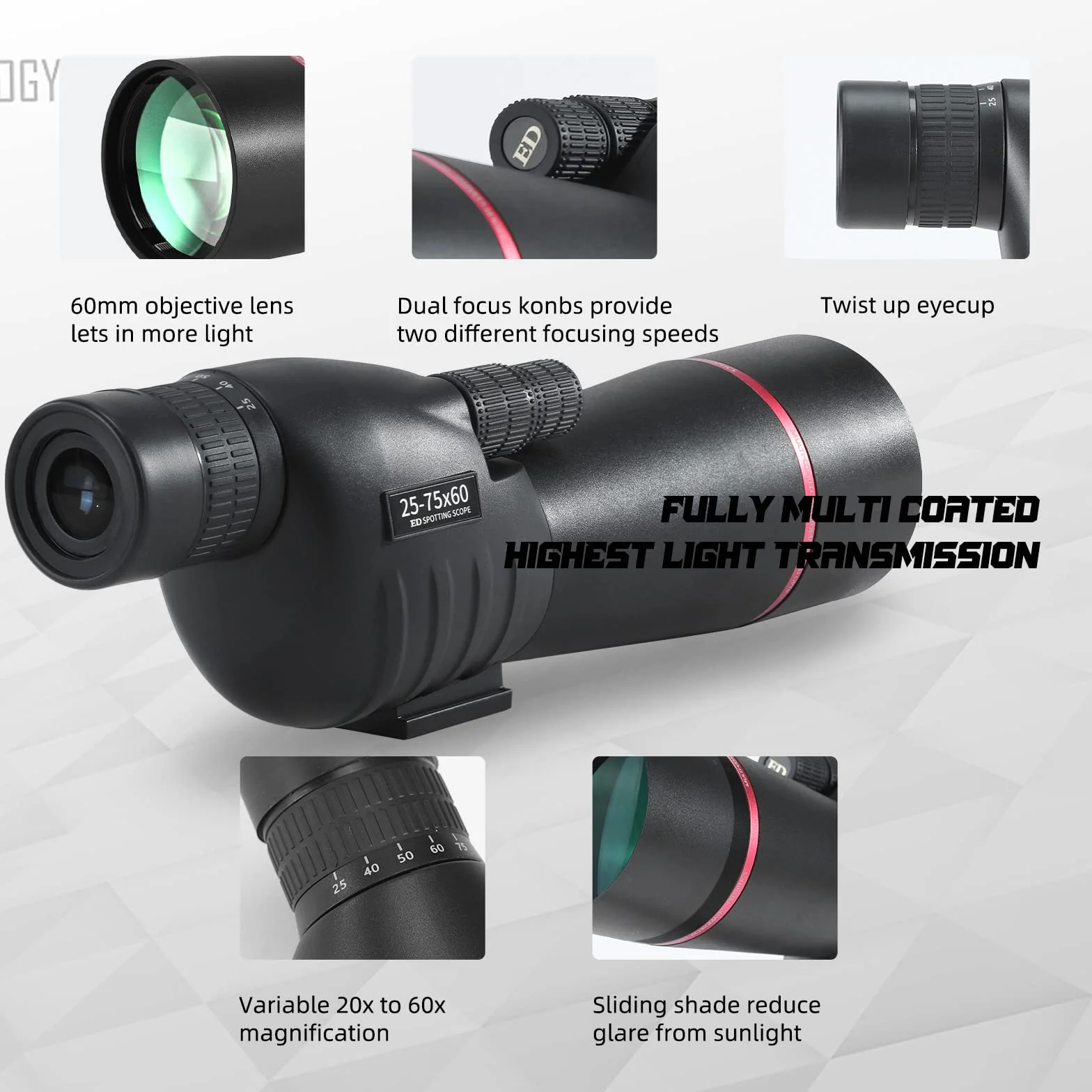 Cannocchiale, Telescopio Ultra HD 25-75X60, doppia messa a fuoco ED, impermeabile Cannocchiale FMC Lens-BAK4 Prism con custodia per il trasporto Treppiede per il tiro al bersaglio Caccia Bird Watching