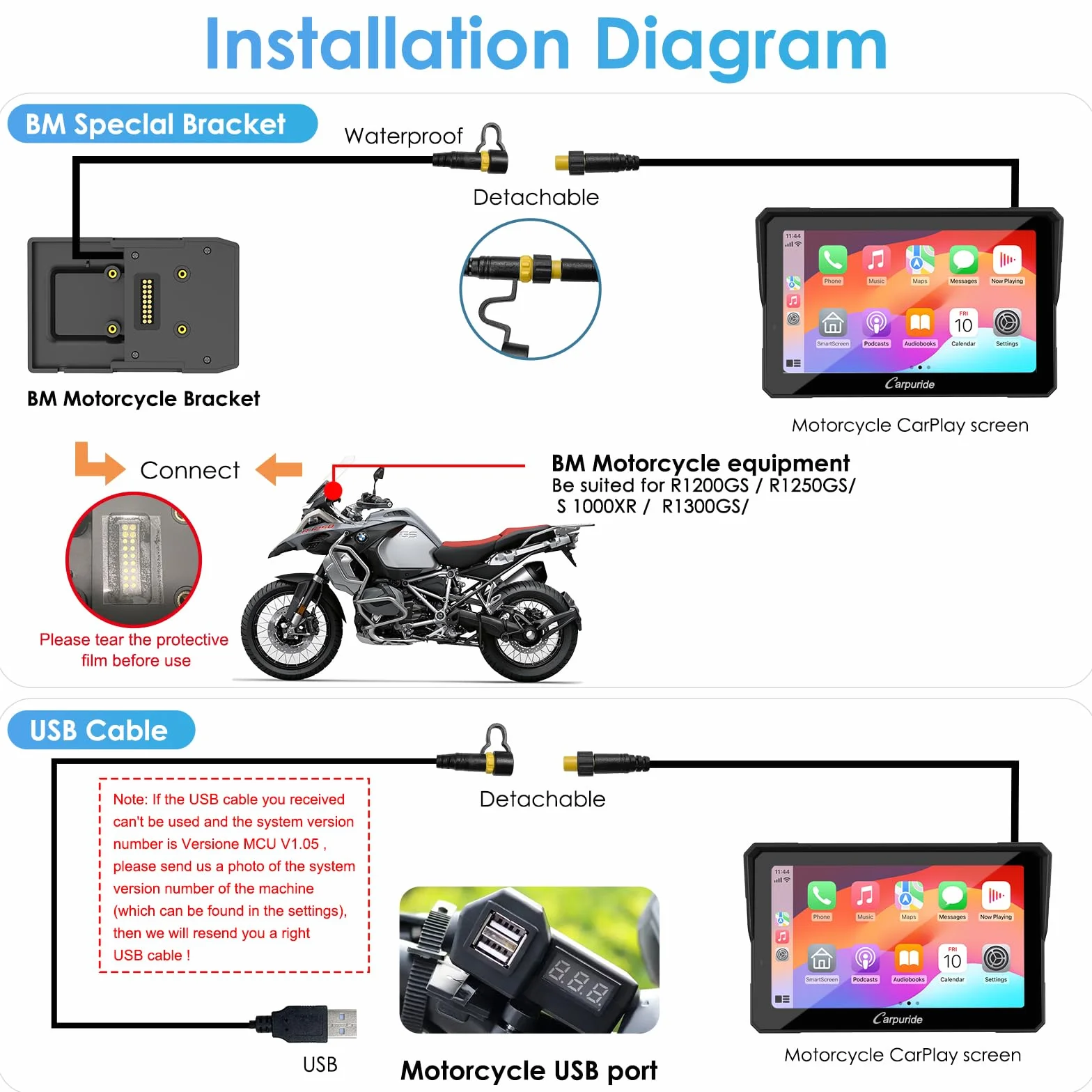 Carpuride W702B Schermo GPS Carplay per moto, con supporto personalizzato per BMW Moto, Wireless CarPlay e Android Auto, Touchscreen impermeabile portatile da 7 pollici, Bluetooth Trans, Navigazione,