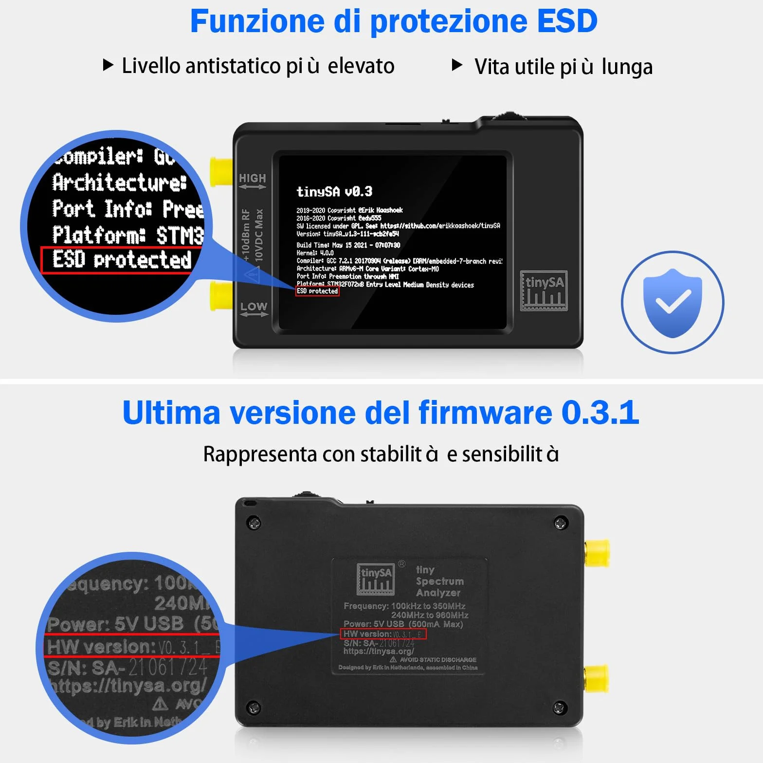 Analizzatore di spettro portatile AURSINC V0.3.1, 100 kHz-960 MHz, FM/MF/HF/VHF/UHF, touchscreen 2,8 pollici, protezione ESD