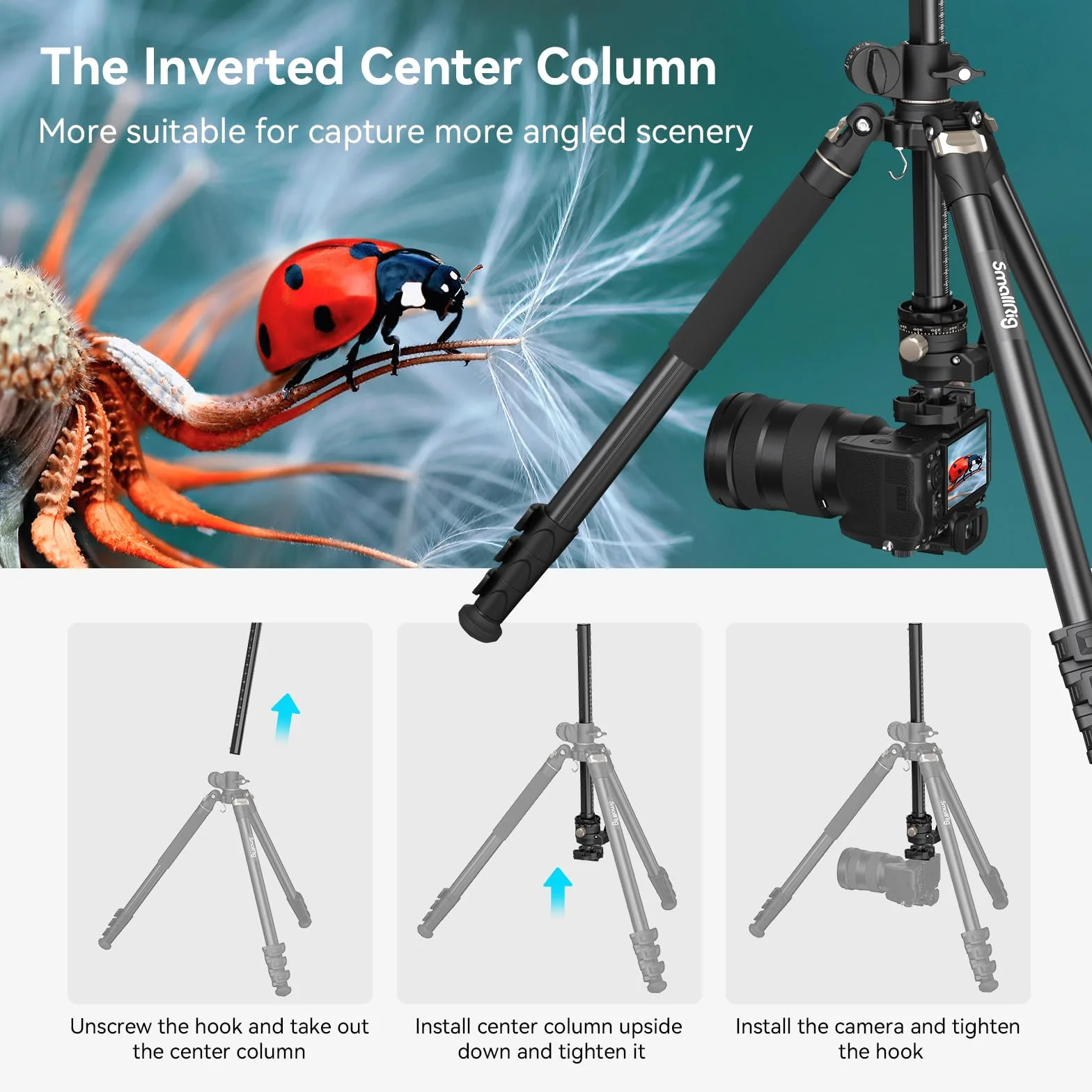 SMALLRIG 2 in 1 Camera Tripod, Treppiede/Monopiede Orizzontale con Colonna Centrale con Rotazione a 360°, con Supporto per Smartphone, per DSLR, Videocamera, CT200, Carico Massimo 22lb/10kg - 4288