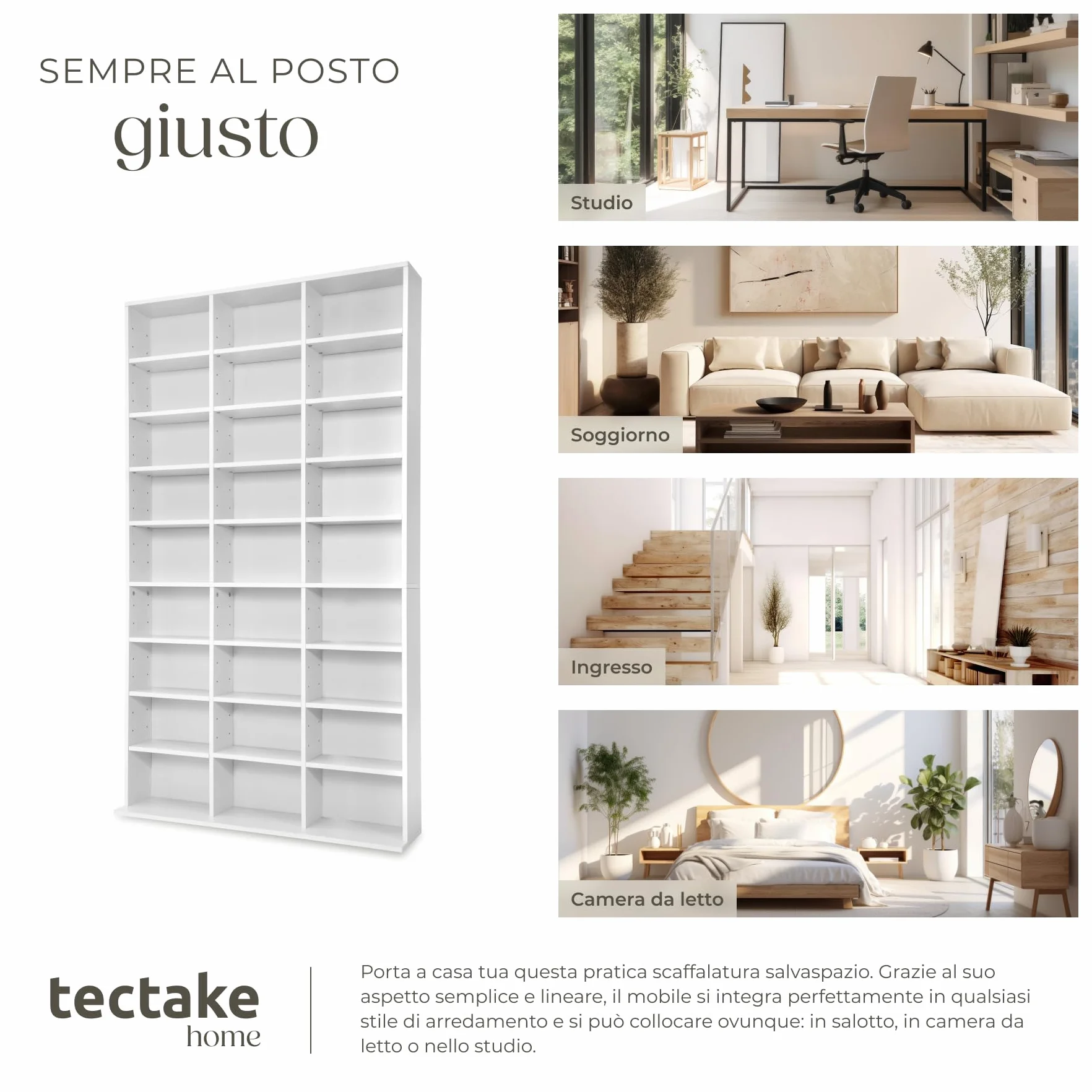 tectake® Scaffale Porta CD DVD Archiviazione 1080 CD, Supporto di Archiviazione, 27 Piani, Facile da Montare, Materiale MDF con Rivestimento Plastico, Dimensioni 180x102x23,5 cm, Peso 34 kg - Bianco