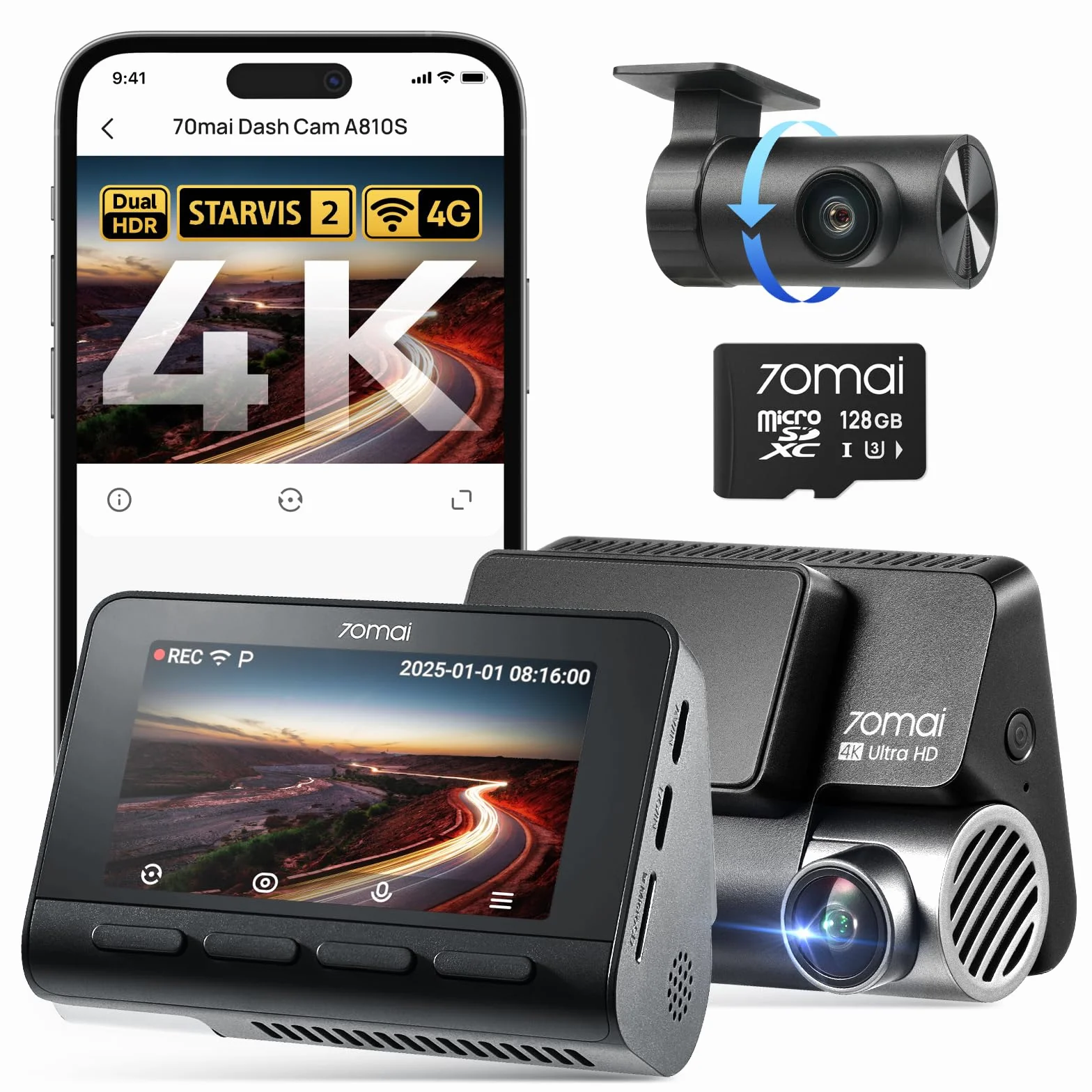 70mai Dash Cam A810S, 4K+1080P Telecamera Auto Fronte e Retro con SD 128GB, Starvis 2 HDR, GPS Integrato, Sorveglianza Parcheggio 24h AI, Visione Notturna, ADAS, WiFi & App, Supporta 512GB