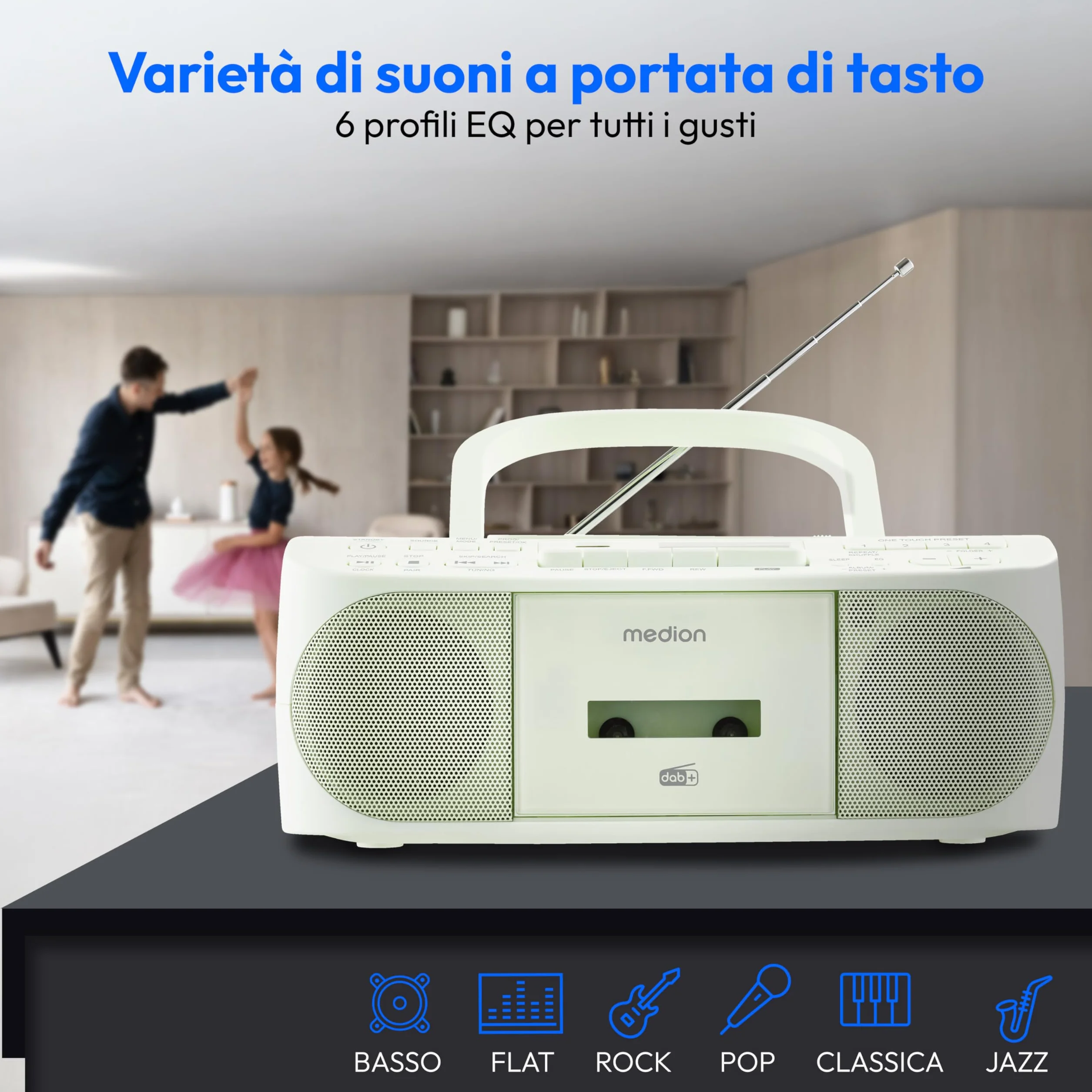 MEDION DRX-1 Plus Boombox (radio portatile DAB+ e FM, Bluetooth, lettore CD, MP3, cassetta, uscita cuffie, stereo, AUX, alimentazione rete & batteria) verde