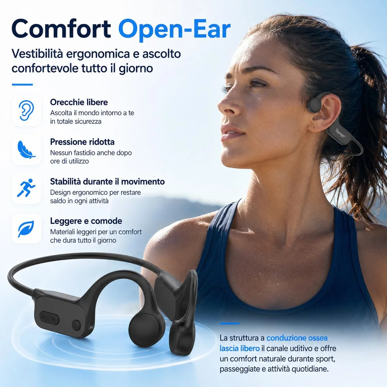 Tayogo Cuffie da Nuoto a Conduzione Ossea IPX8, Lettore MP3 Subacqueo 32GB e Bluetooth 5.4, Cuffie Impermeabili con Microfono per Chiamate, Piscina, Mare, Triathlon, Corsa e Sport, W26