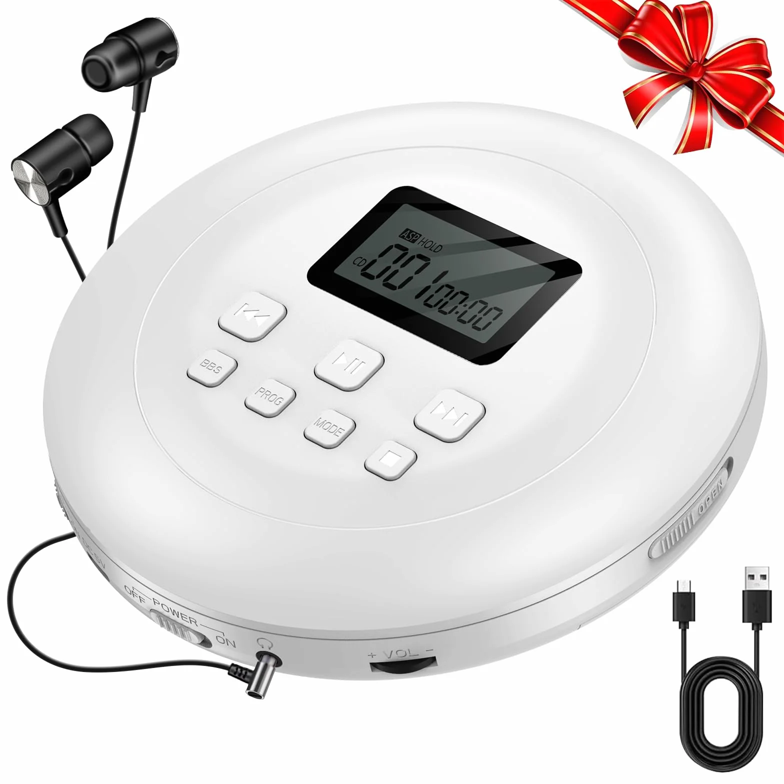 Gueray Lettore CD Portatile Hifi con display stereo cd Lettore CD con cuffie Supporto PROG ASP Funzione di memoria Funzione di ripetizione Effetto BASSO Bianco