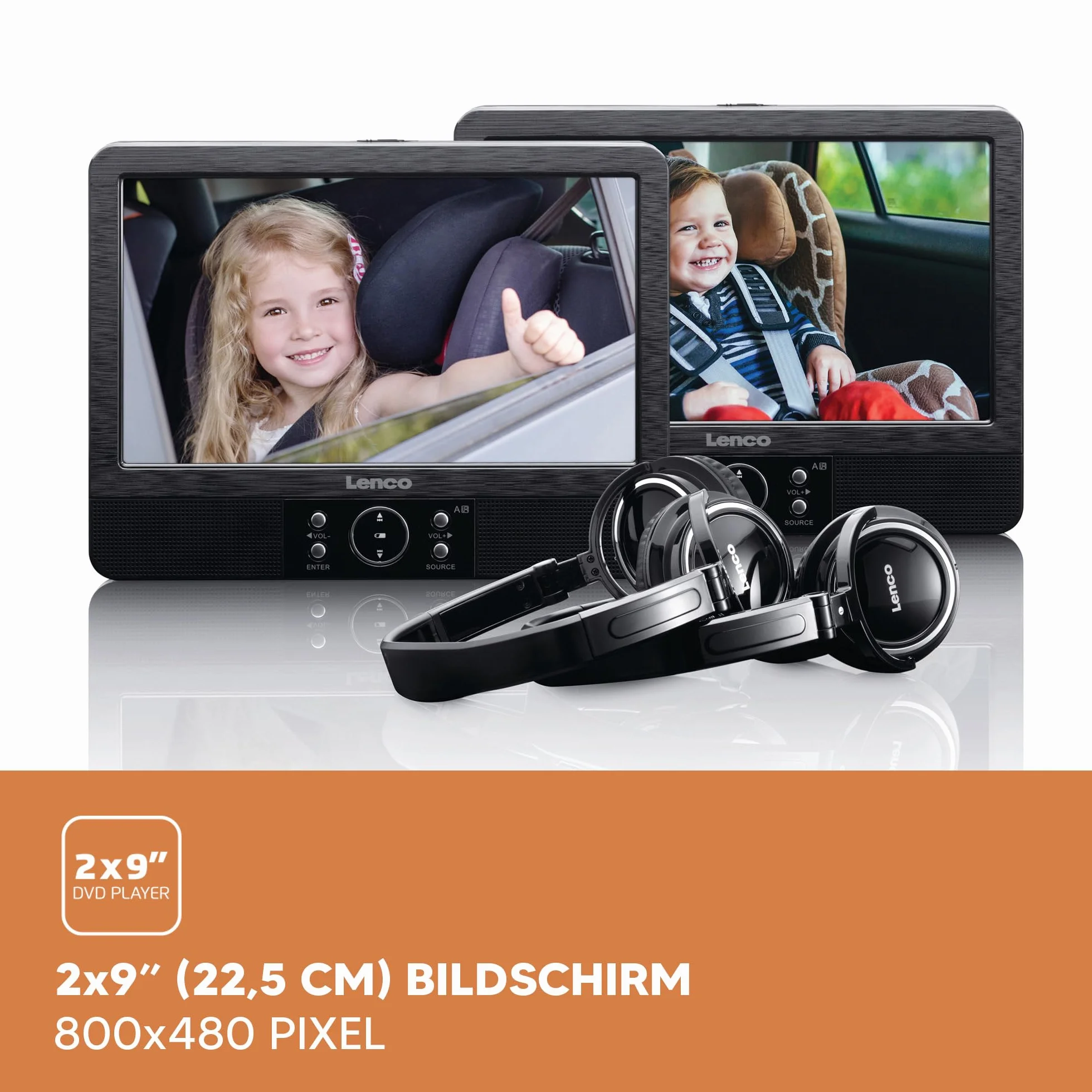 Lenco DVP-939 - Lettore DVD portatile da 2 x 9 pollici con 2 cuffie e 2 supporti per poggiatesta - batteria ricaricabile integrata - ingresso USB - lettore di schede SD - nero