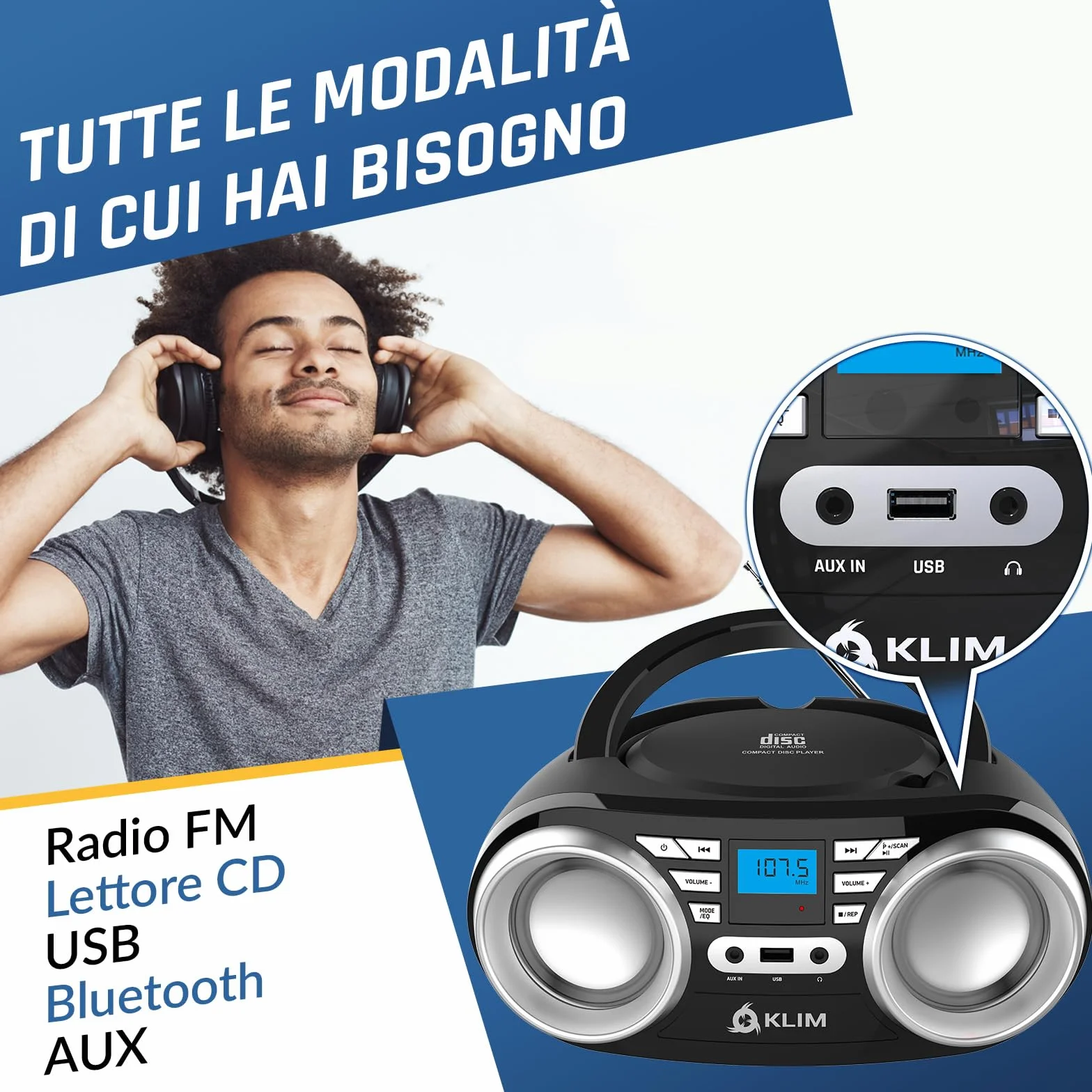 KLIM B3 Lettore CD Portatile Boombox Con Radio FM, Bluetooth, USB e AUX - Doppi Altoparlanti di Alta Qualità, Effetti Sonori EQ, 20 Stazioni Preimpostate, Compatto e Leggero