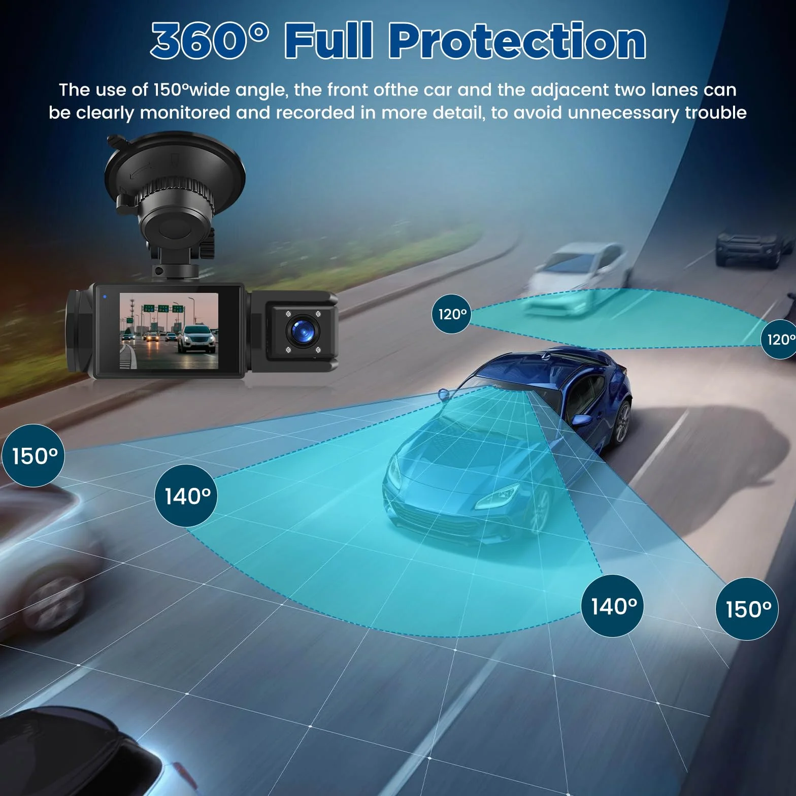 Dash Cam Auto Senza Fili WiFi – 3 Canali Fronte Interno Retro, Full HD 1080P, 2” IPS, Visione Notturna, Rilevamento Movimento, Loop, Obiettivo Rotabile