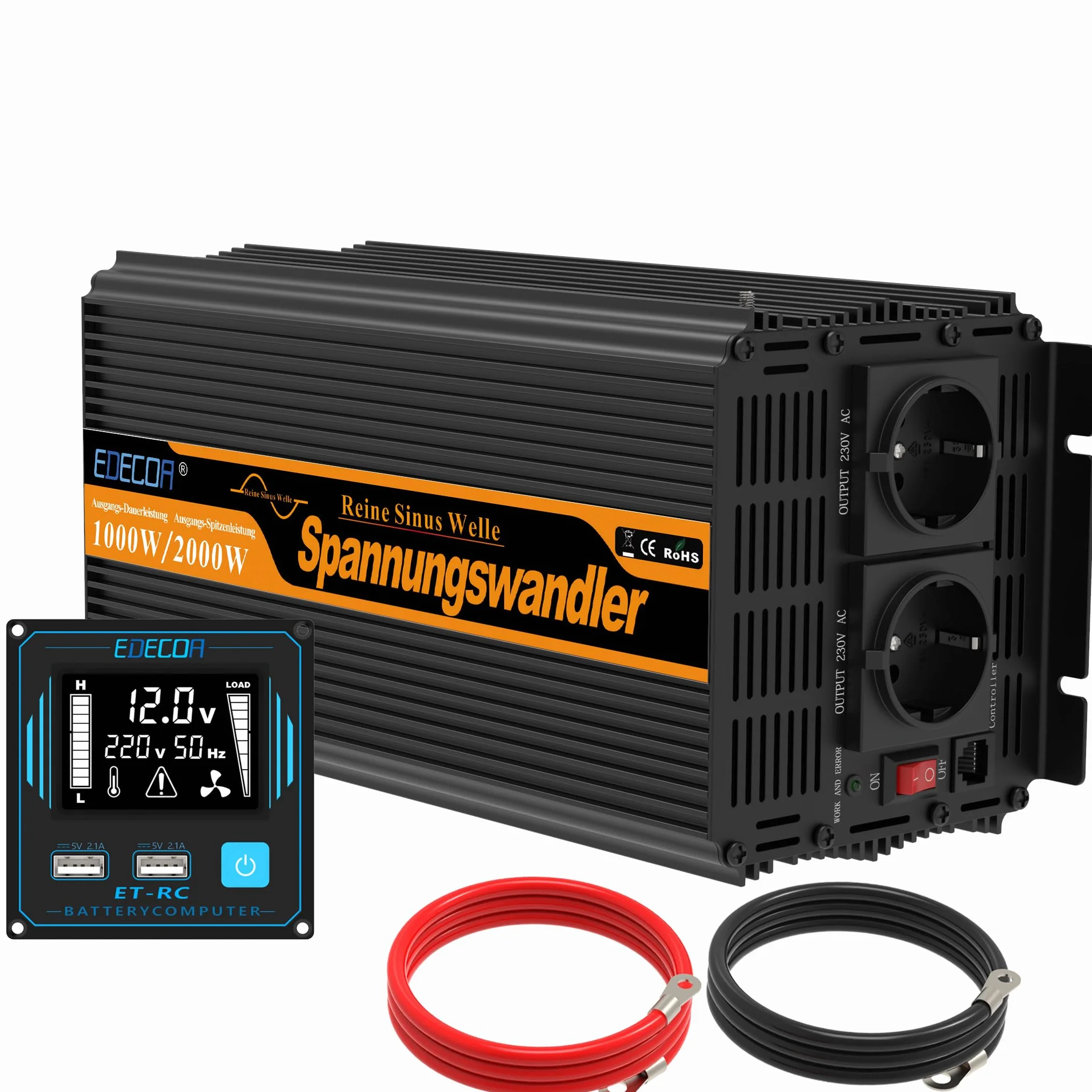 EDECOA inverter 12v 220v onda pura 1000w telecomando usb converter di potenza per camper