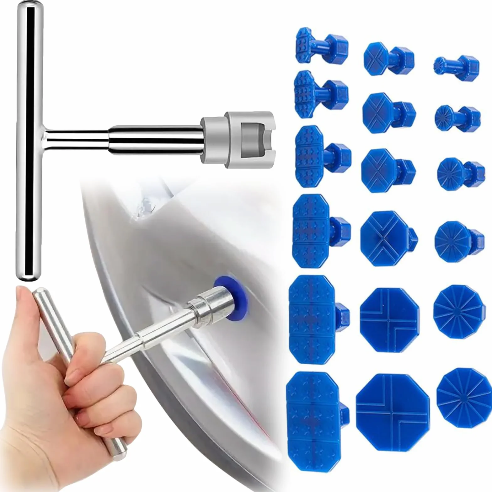 Zephyra Kit Rimozione Ammaccature Auto con T-Bar e 18 Ventose – Attrezzo Levabolli per Carrozzeria, Danni da Grandine – Riparazione Senza Verniciatura per Auto, Moto, Elettrodomestici