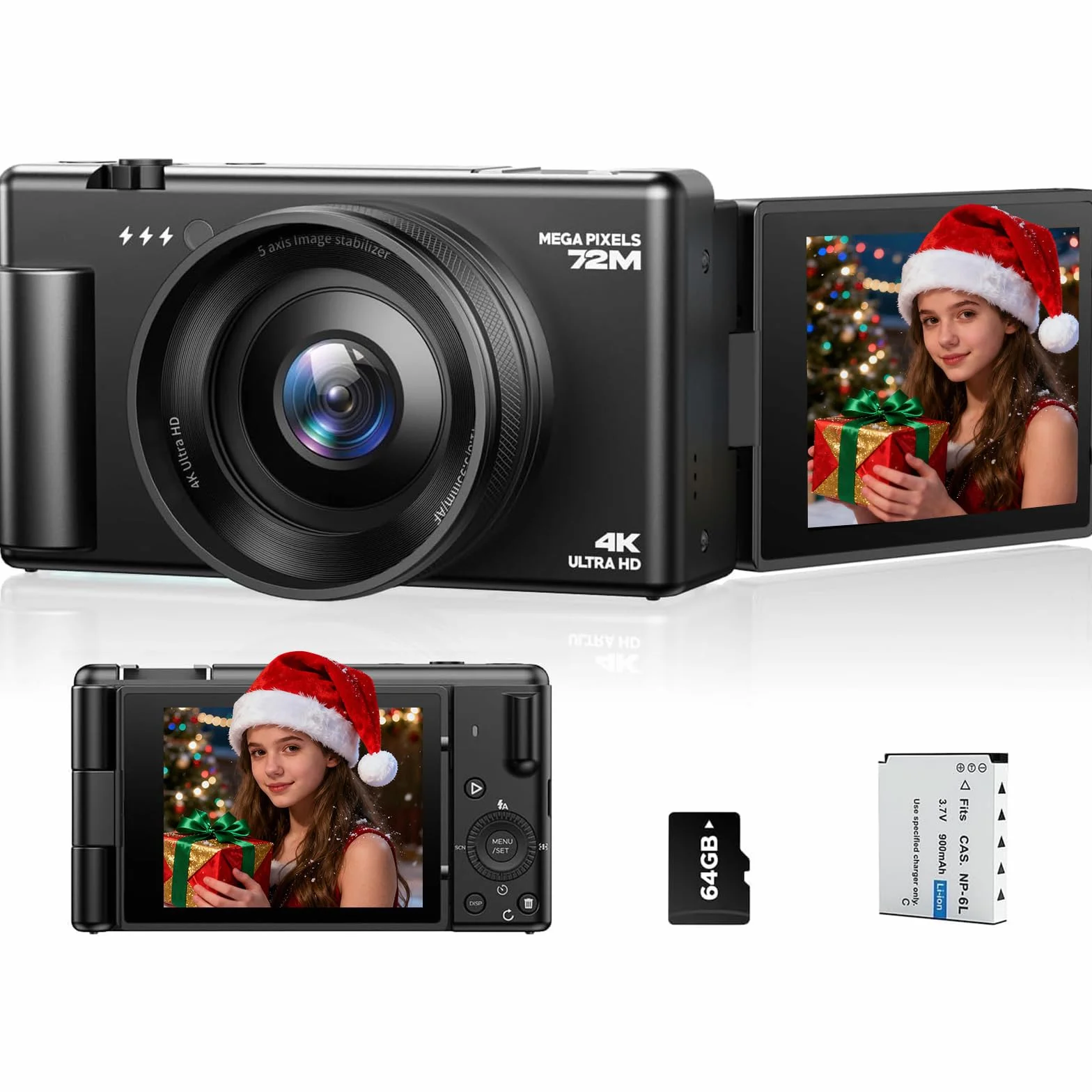 Fotocamera Digitale 4K, 72MP Autofocus Macchina Fotografica Digitale Compatta per Vlogging con Zoom Digitale 18X, Schermo Ribaltabile 270° Digital Camera con scheda da 64GB, Batteria