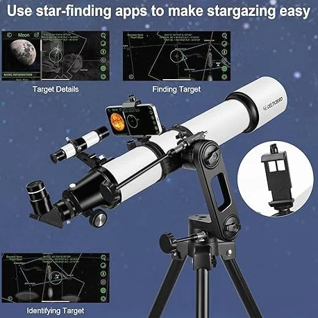 Teleskope für Erwachsene Astronomie, 90mm Öffnung 700mm Refraktor-Teleskope für Erwachsene Anfänger Kinder mit hoher Präzision Anpassung, Ultra-stabilen Vertisteel AZ Mount Base Stativ