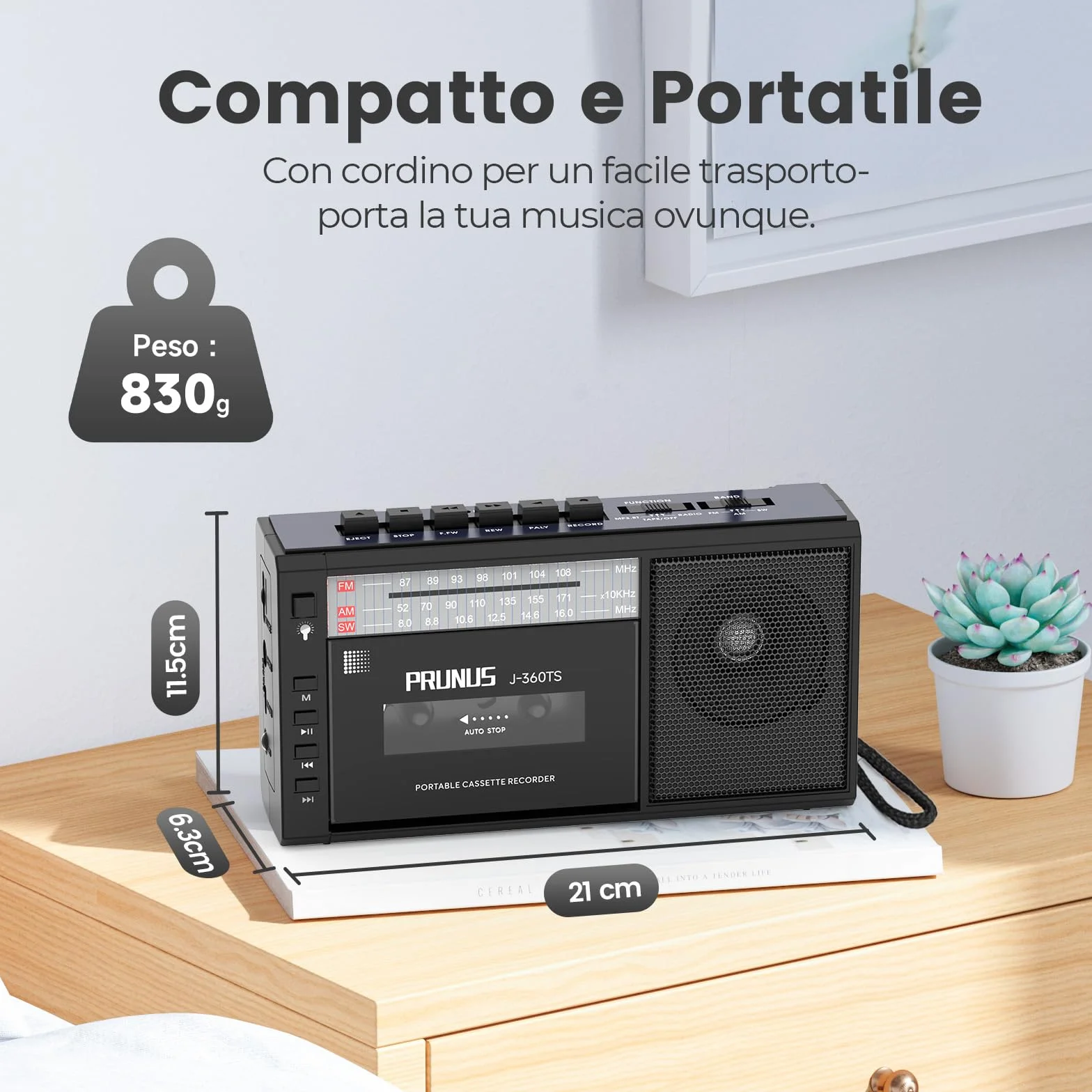 PRUNUS J-360 Radio Cassette AM/FM/SW Portatile con Bluetooth, Solare/Batteria Ricaricabile, Torcia, USB, TF Card