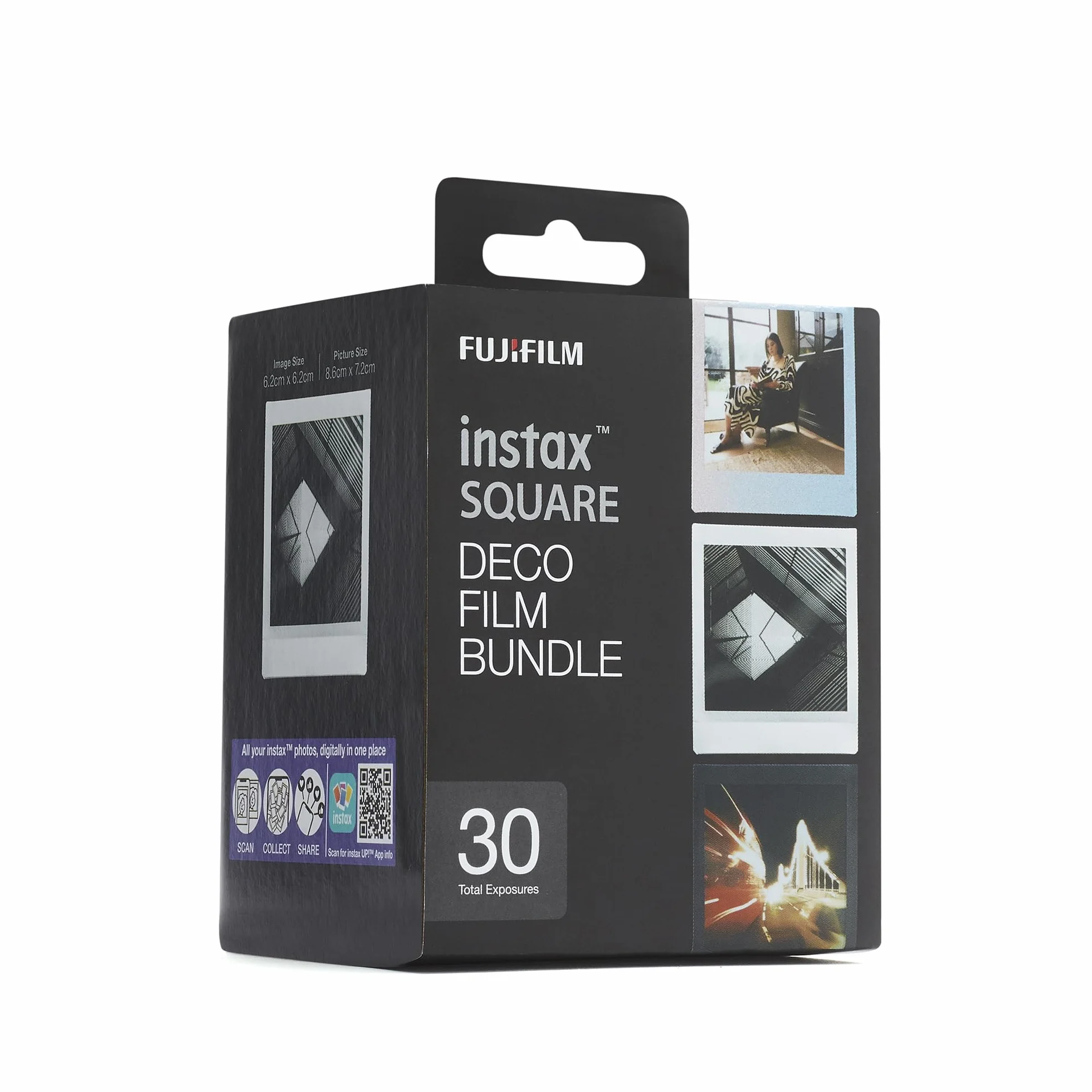 instax SQUARE DECO film bundle pellicole, 30 scatti, 3 pacchi da 10 scatti, motivo bordo Black, Sunset e pelicole Monchrome