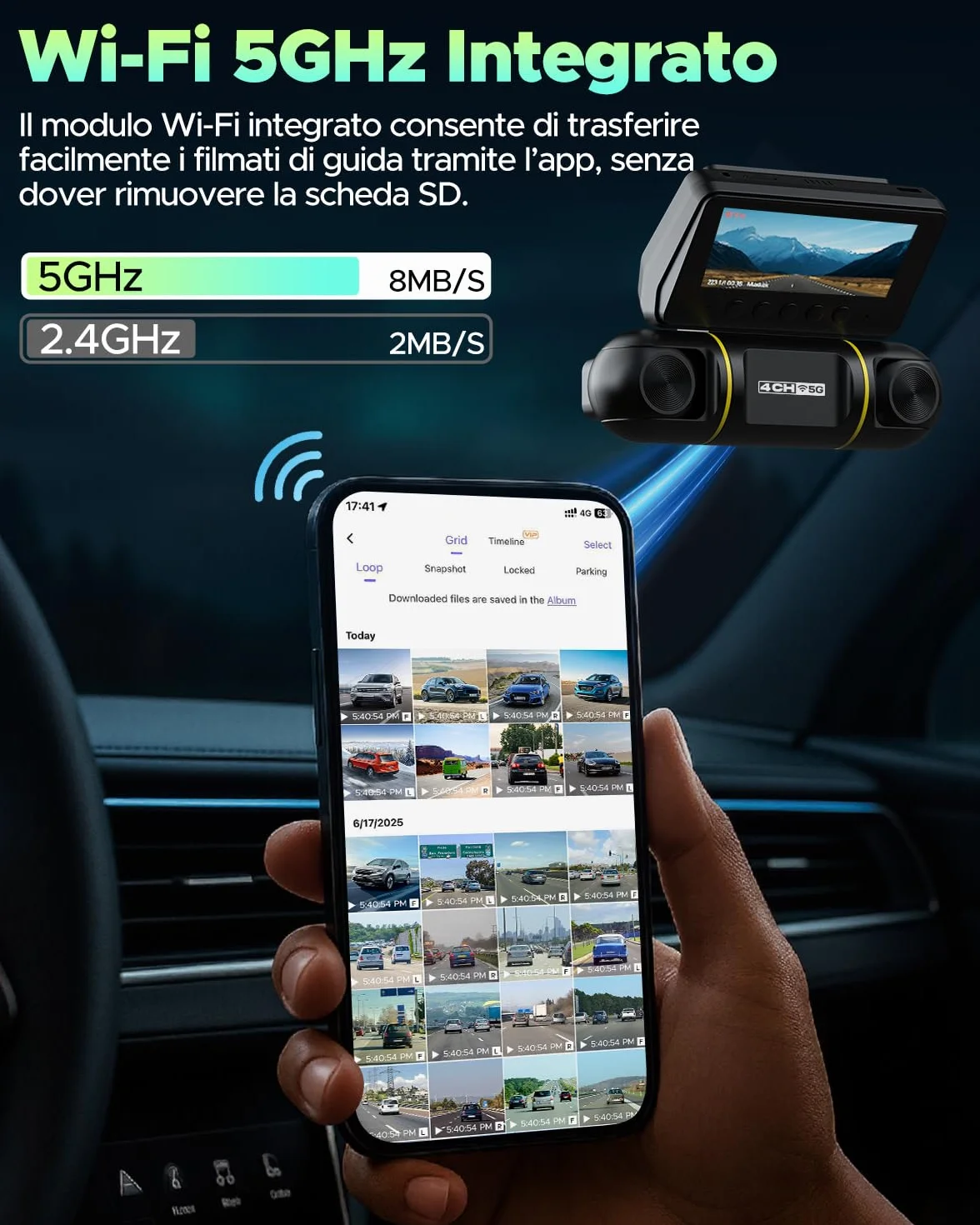 LAMTTO Dash Cam Auto 360 Gradi Dashcam Controllo APP WiFi 5G 4 Canali Telecamera per Auto Monitoraggio del Parcheggio IR Visione Notturna Kit di Cablaggio Scheda 128GB Gratuita