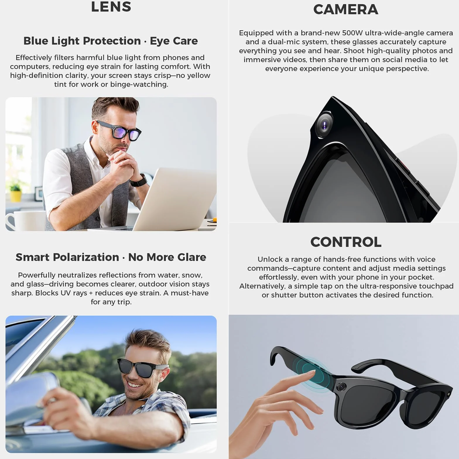 Occhiali intelligenti IA, fotocamera HD da 500 W, controllo vocale, traduzione ChatGPT integrata,Wi-Fi 4.0,Bluetooth 5.3,occhiali da sole intelligenti con riprese in HD, per viaggi,musica e chiamate,A