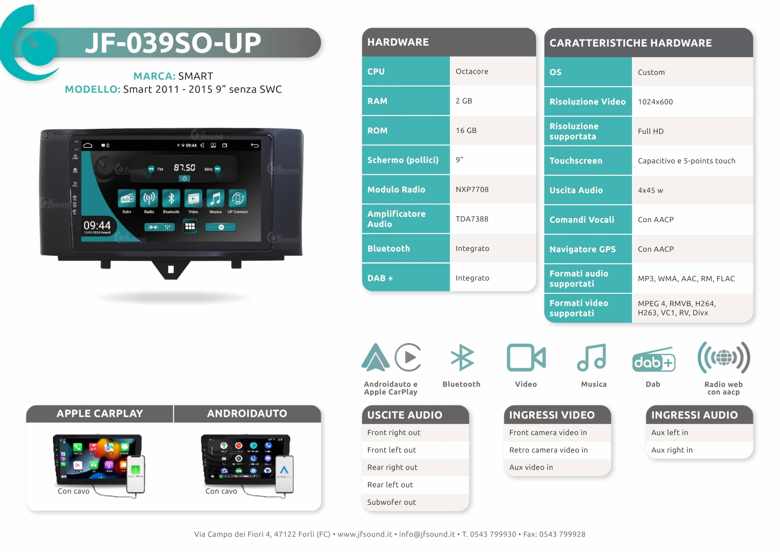 Autoradio Android JF-039SO-UP compatibile con SMART FORTWO 451 2011-2015 | CarPlay e Android Auto | GPS | DAB+ |9 pollici HD | Prodotto in Italia