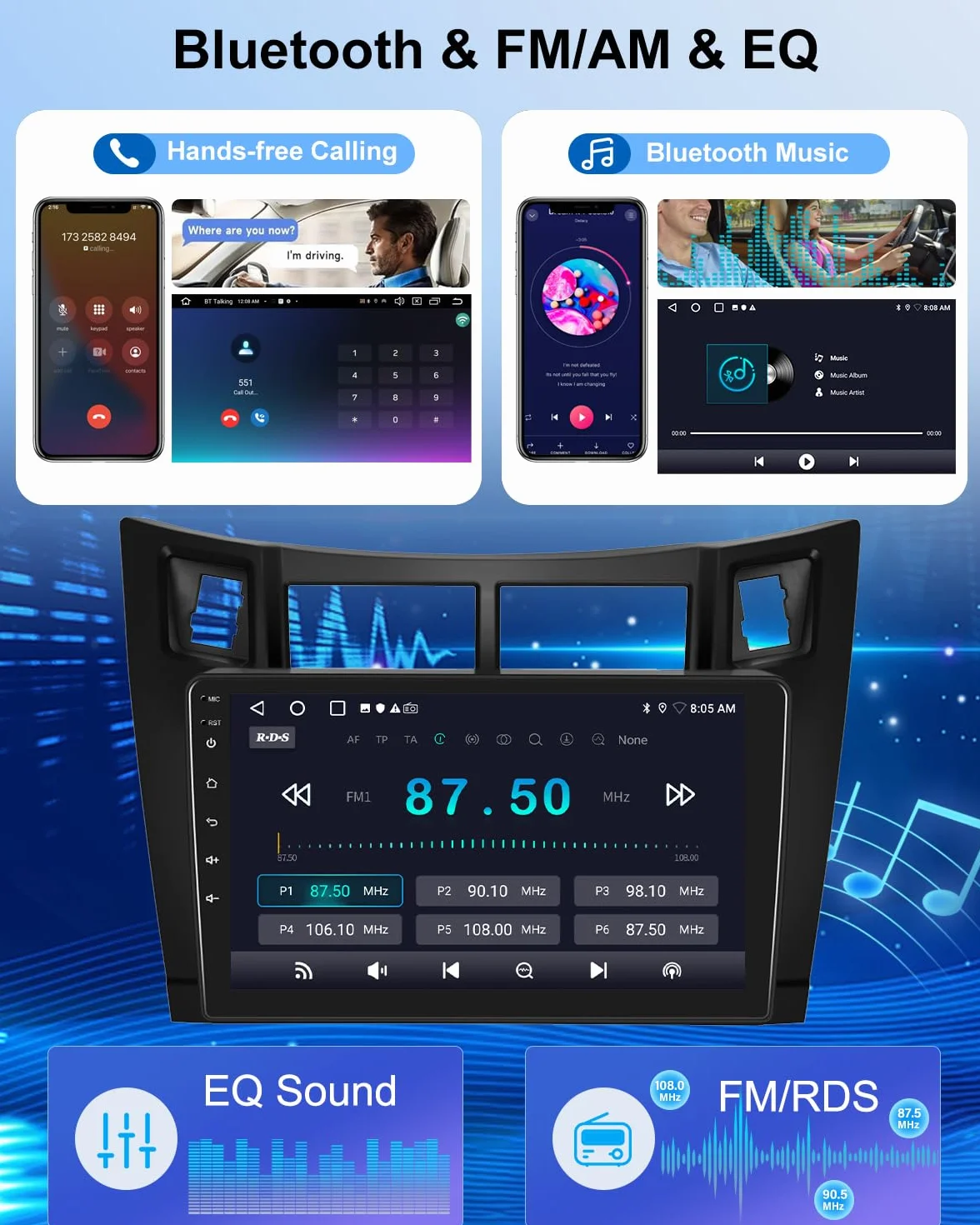 NHOPEEW 2G+64G Android Autoradio per Toyota Yaris 2005-2011 - Senza fili Carplay e Android Auto - 9 pollici Stereo con WiFi GPS FM RDS + Telecamera posteriore&Mic