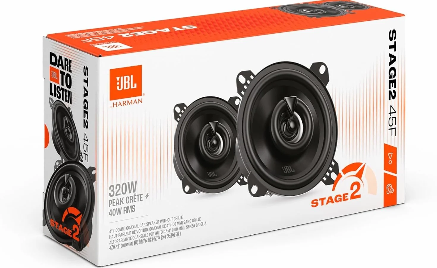 JBL Stage2 45F Gen2 altoparlanti coassiali 2 vie 4 pollici 40 W RMS, 320 W picco, 4 Ω, 88 dB, woofer in polipropilene Plus One™, tweeter PEI, design slim, suono chiaro, installazione facile