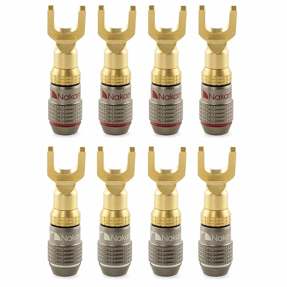 Nakamichi FanLock Excel Series 24k placcato oro connettore a forcella spina a banana 10 AWG - 18 AWG 4mm per altoparlanti amplificatore Hi-Fi, 8 pezzi