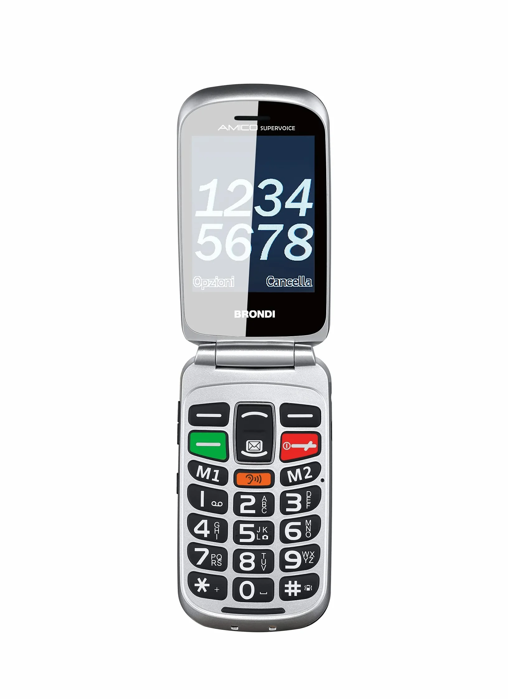 BRONDI Amico Supervoice, unlocked, 0.03 GB, Telefono cellulare GSM per anziani con tasti grandi, tasto SOS e funzione controllo remoto, dual SIM, volume alto ed amplificato, Nero