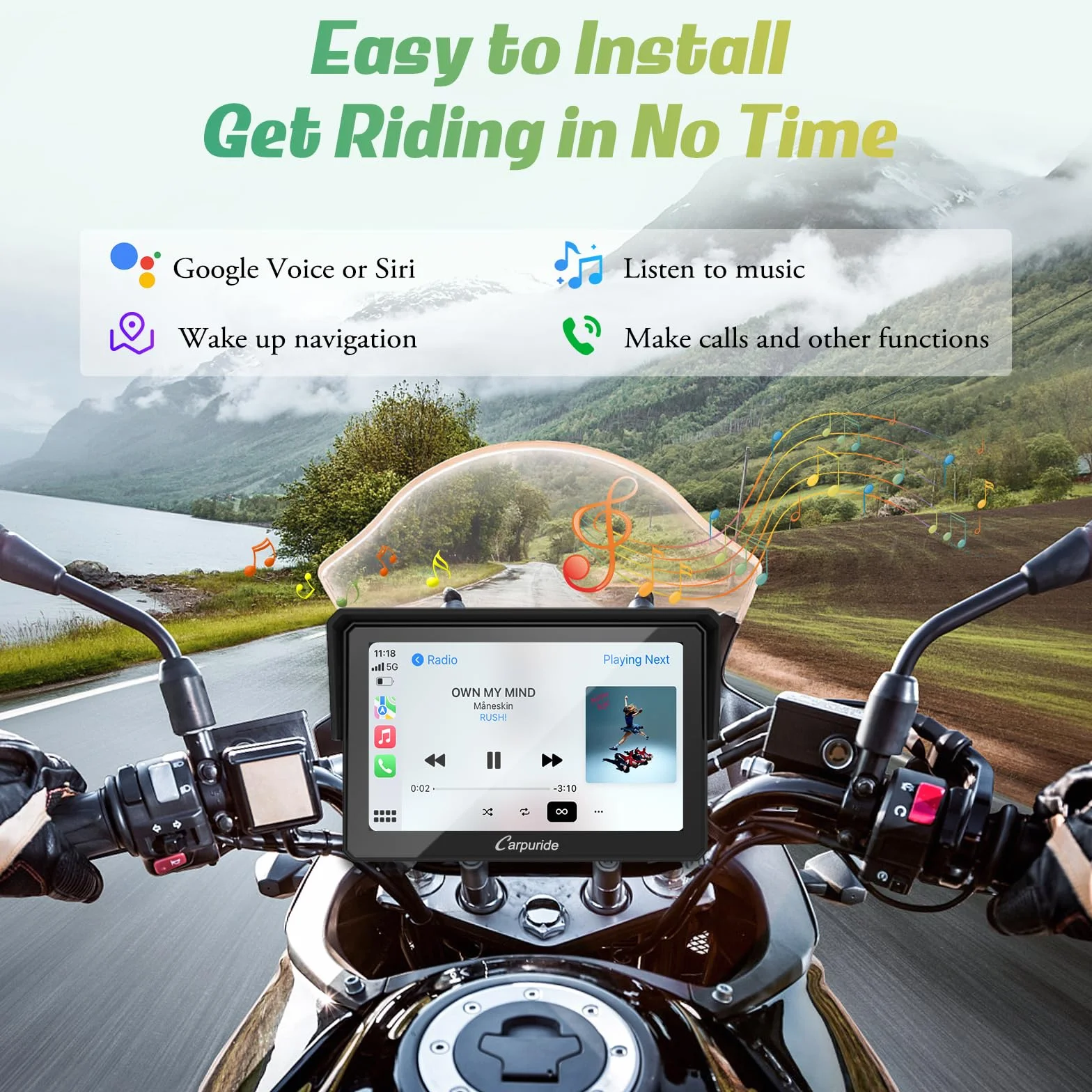 Carpuride W502 Stereo Portatile Senza Fili per Moto Doppio Bluetooth Impermeabile IP67, Schermo Carplay e Android Auto per Moto, Touch Screen da 5 pollici,TF 64G, Siri, G00gle,GPS