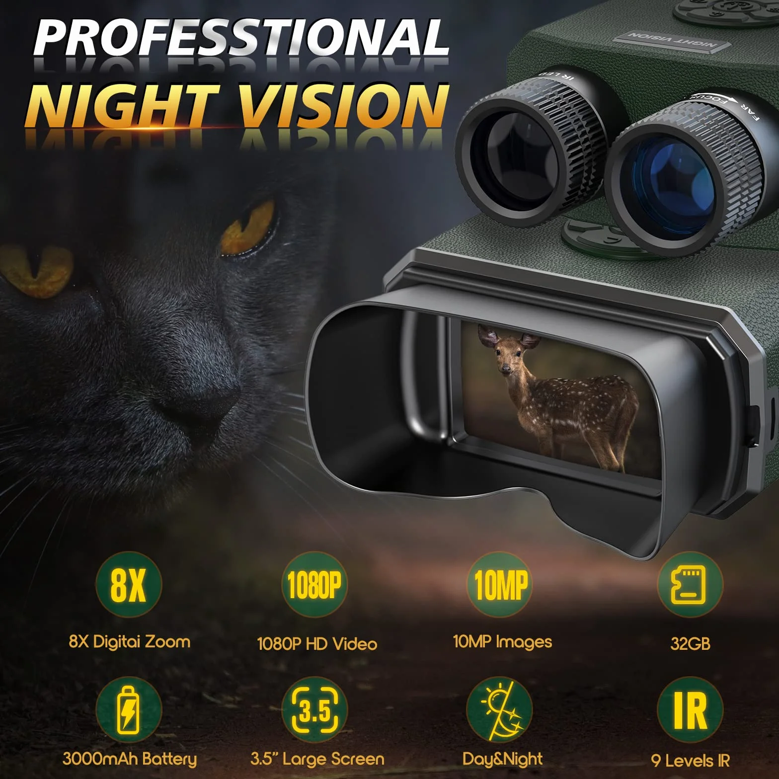 Binocolo Visione Notturna, Relassy 1080P HD Visore Notturno Digitale Infrarossi,Ricaricabile 3000mAh, 9-Livello Infrarossi, Zoom Digitale 6X, 3,5" TFT LCD Per Caccia, Birdwatching, Campeggio