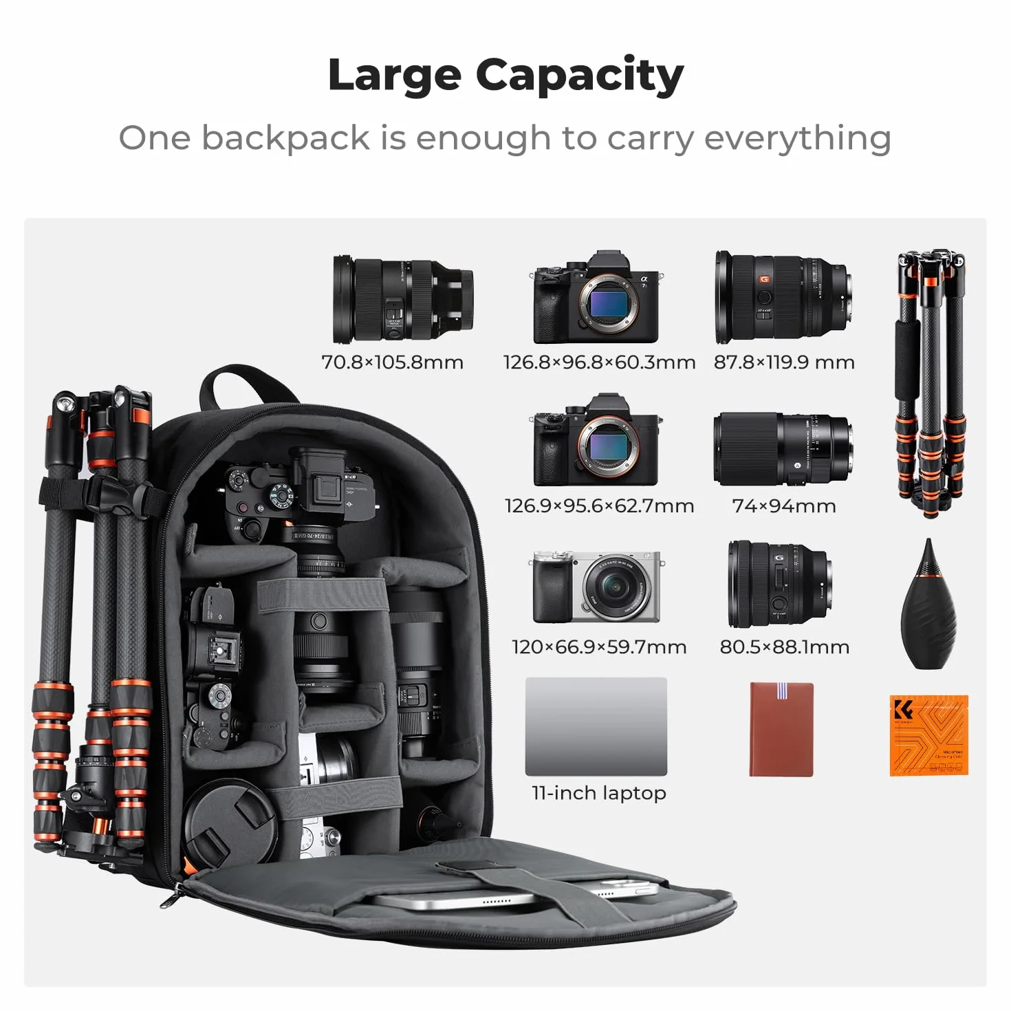 K&F CONCEPT Zaino per Fotocamera Compatto, Zaino Fotografico con Parapioggia, scomparto per laptop per obiettivi reflex treppiedi