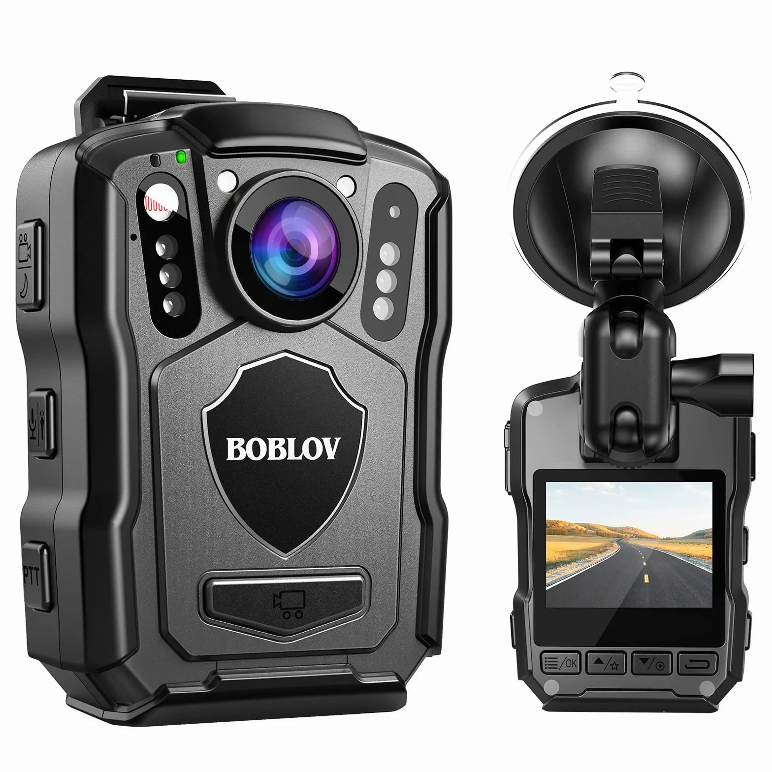 BOBLOV M5 128GB Fotocamera corpo di polizia, GPS 1440P montata sul corpo, batteria incorporata 4200MAH Bodycam, IP67 e IR per forze dell'ordine con supporto di aspirazione per auto (128GB)