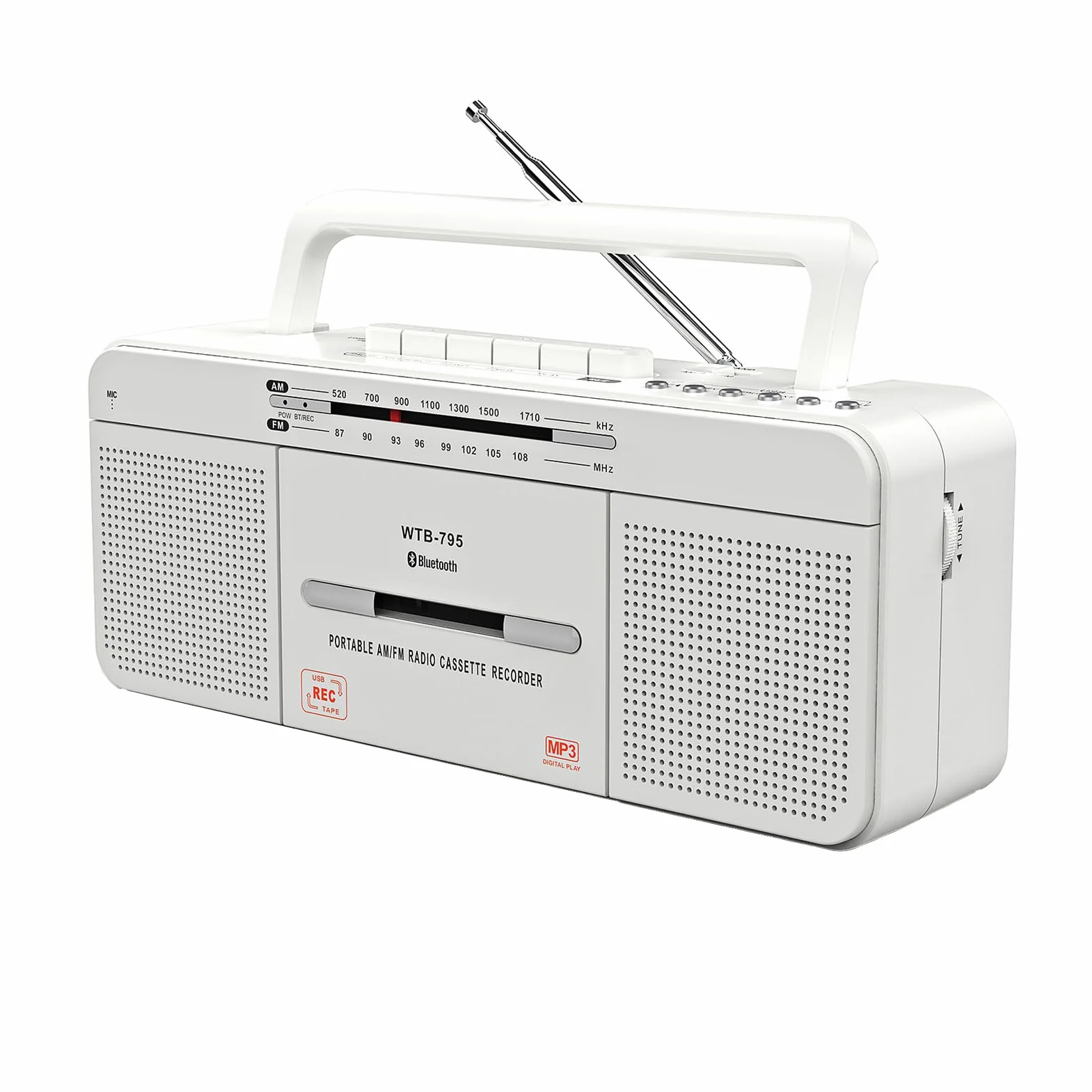 Lettore di cassette audio portatile con Bluetooth, USB e radio stereo AM/FM, microfono integrato per registrazione USB Conversione MP3, doppi altoparlanti, uso interno o esterno