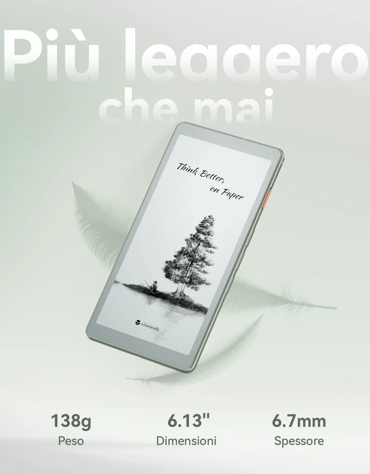 VIWOODS 6,13’’ Carta 1300 AiPaper Reader con connettività 4G, dispositivo eReader E Ink ultra-sottile e leggero, con integrazione AI, 300 PPI, luce frontale regolabile, 128 GB di memoria