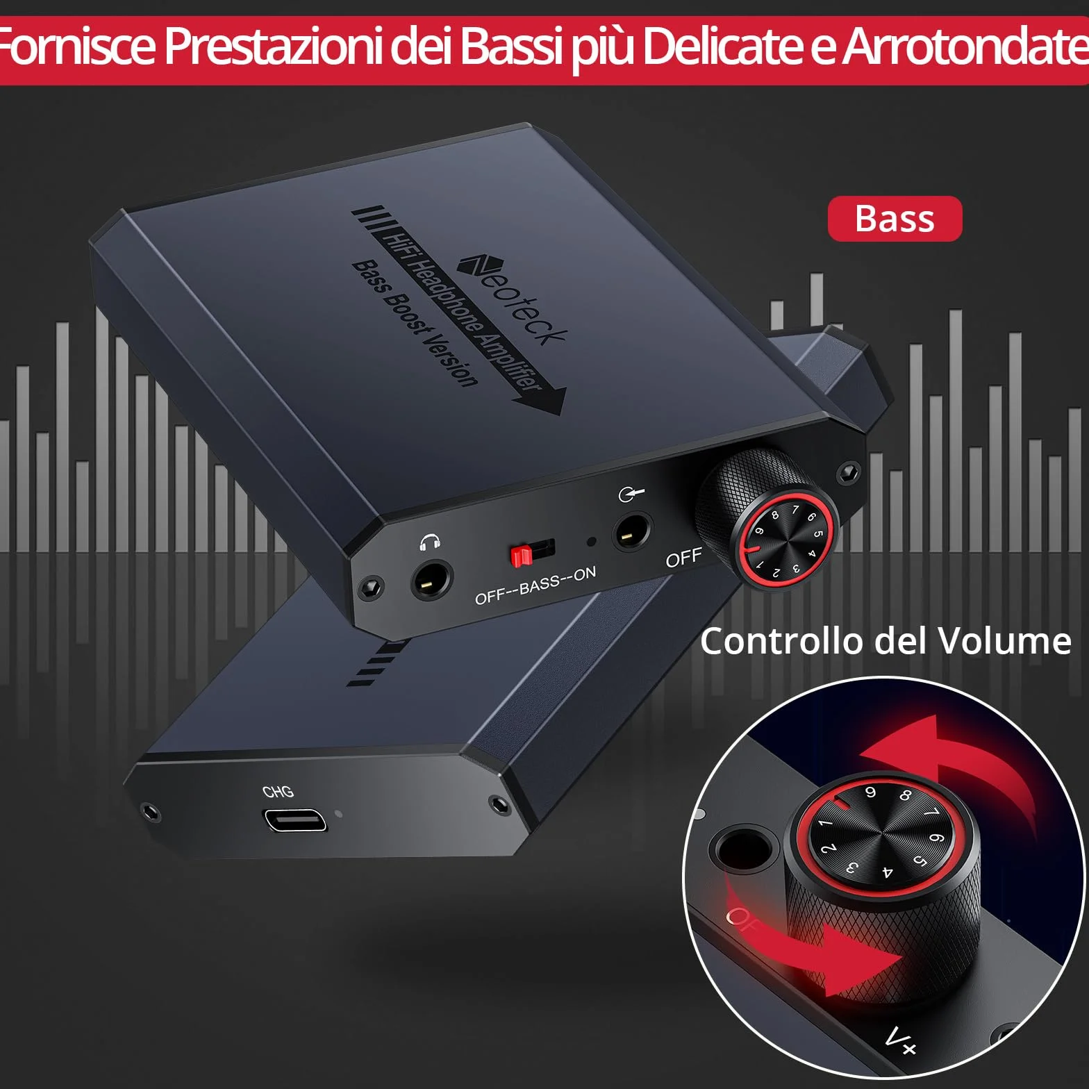 Neoteck 16-300Ω Amplificatore per Cuffie Portatile Ricaricabile con Bass Boost HiFi Amplificatore Cuffie 3.5mm con 8h Autonomia, AMP in Aluminio Opaco per PC, Cellulari, Lettori CD, MP3/MP4