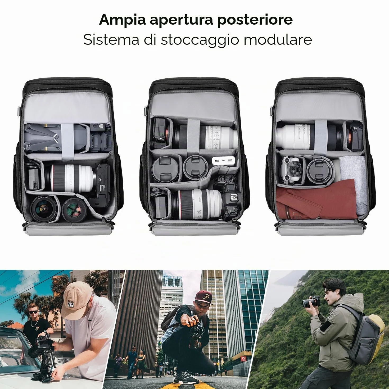 K&F CONCEPT Zaino per fotocamera professionale, borsa impermeabile di grande capacità per fotocamera reflex digitale con scomparto per laptop 16 Pollici-Nero