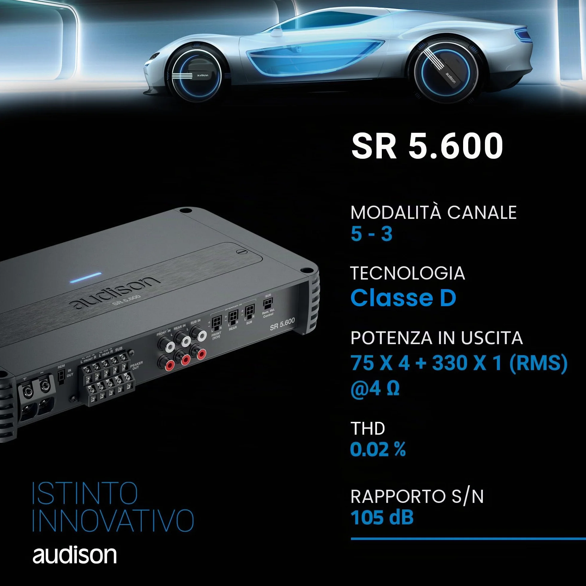 Audison SR 5.600 – Amplificatore 5 Canali Classe D con Tecnologia ADT, Potenza Totale 1010 W RMS, Crossover Integrato e Ingressi OEM/Aftermarket