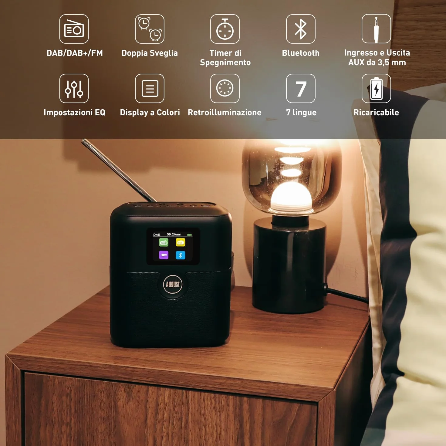 August MB330 Radio DAB Portatile con Bluetooth - DAB/DAB+/FM Radio Digitale, USB Ricaricabile Doppio Radiosveglia, 60 Preset,Timer Spegnimento,AUX In/Out,EQ,Display Colori per Cucina, Camera e Outdoor
