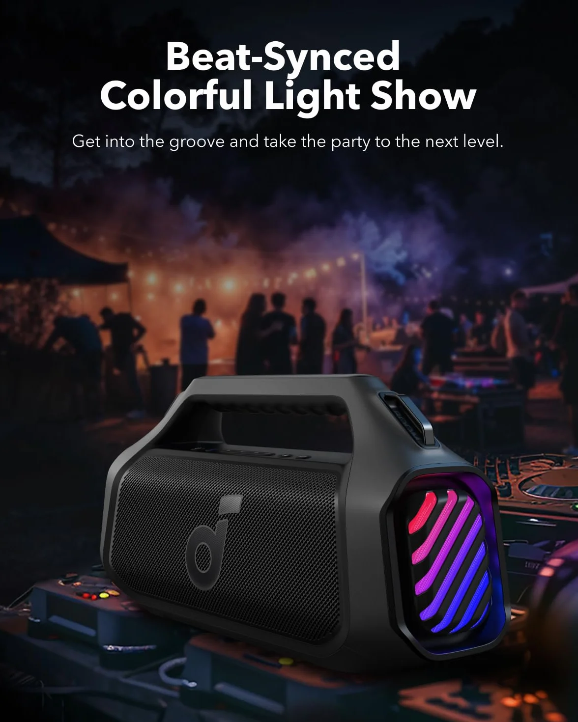 Soundcore Boom 2 Plus Cassa Bluetooth Potente per esterni, 140W, 2+2 canali stereo, BassUp 2.0, Bluetooth 5.3, 30W ricarica rapida, 20 ore di riproduzione, IPX7, luci RGB, USB-C, EQ personalizzata