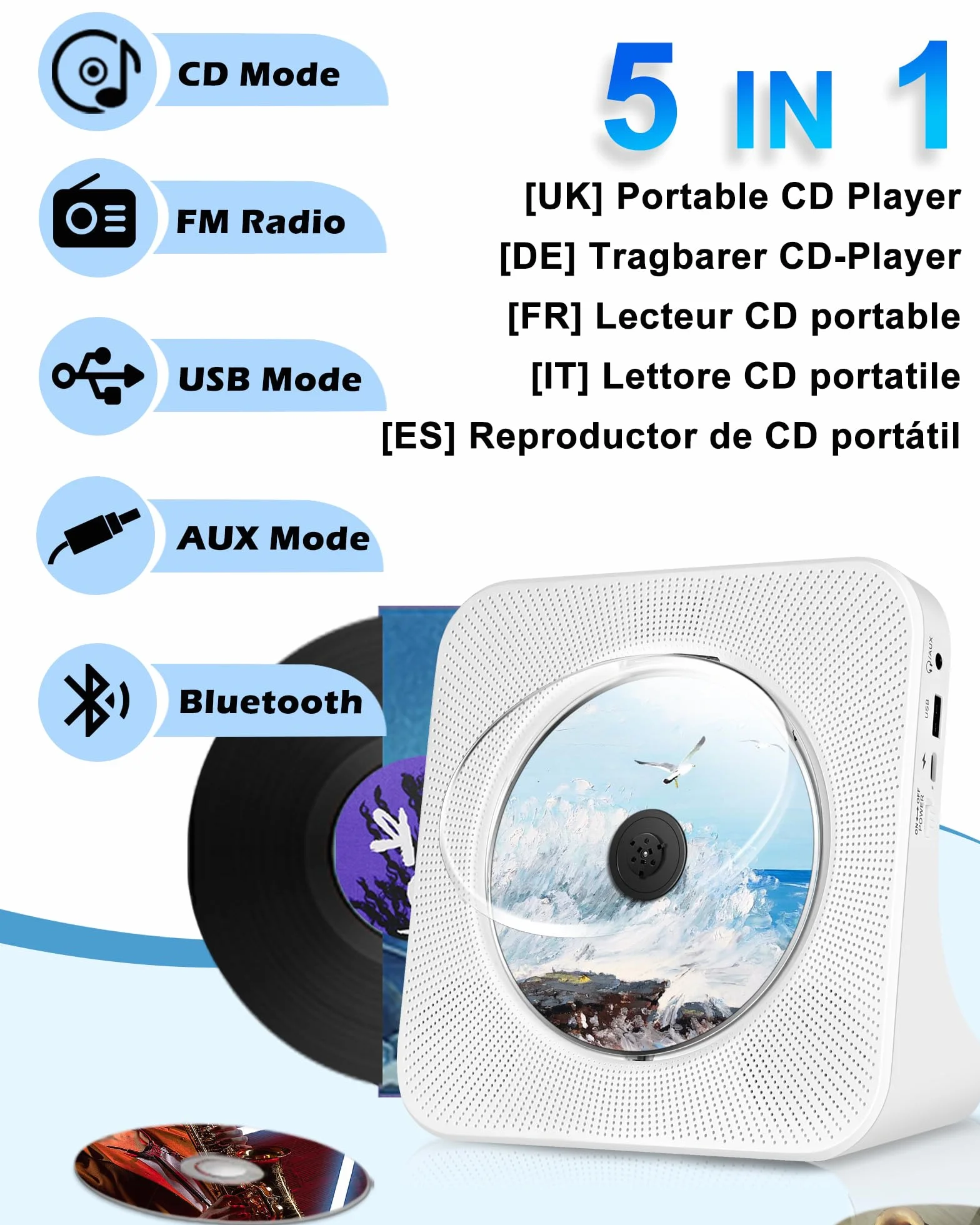 Lettore CD Portatile Ricaricabile 4000 mAh Bluetooth Doppio Altoparlante HIFI Bianco