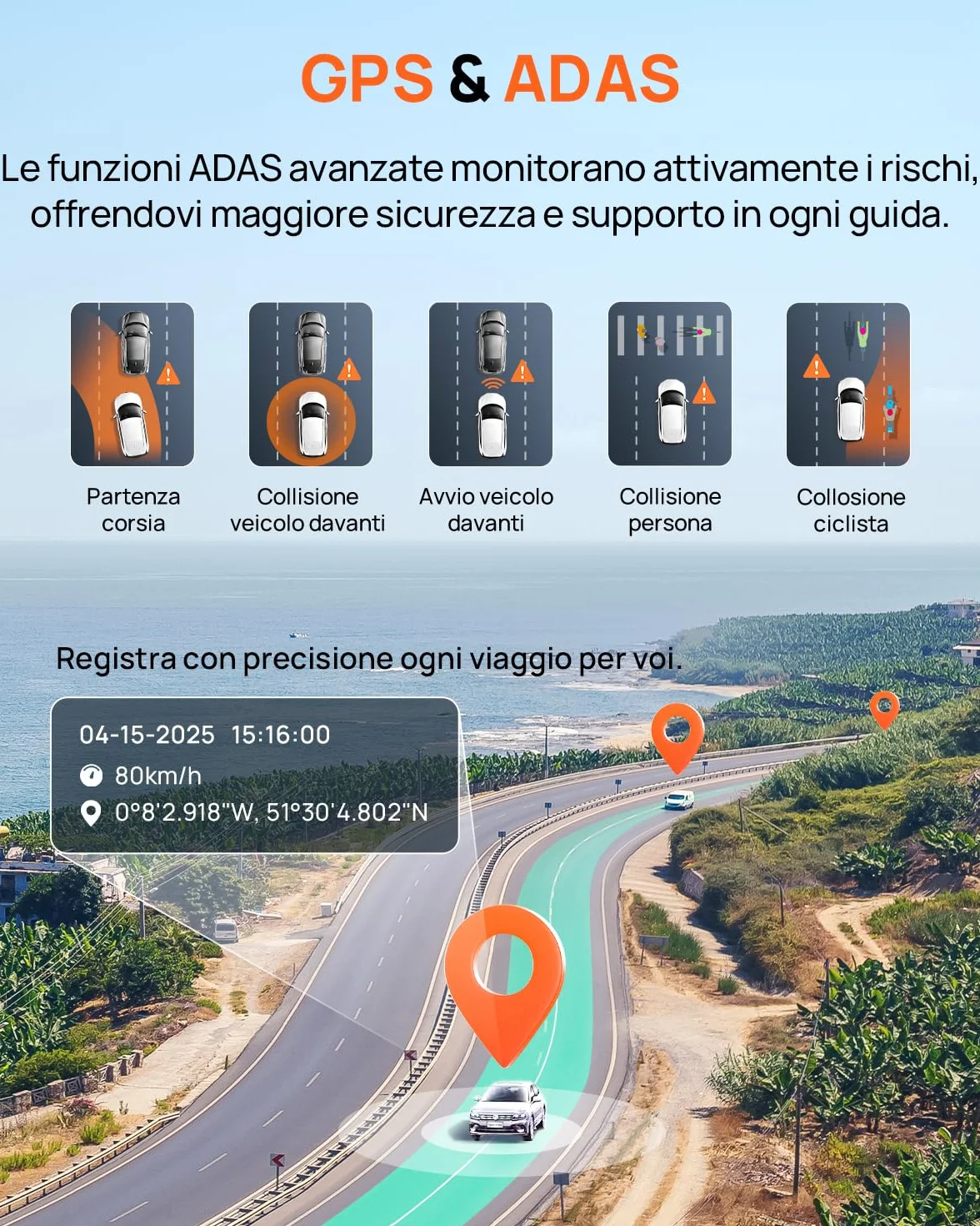 70mai A800SE Dashcam 4K+1080P GPS WiFi Doppia Telecamera Fronte/Retro con SD 128GB F1.55 HDR Visione Notturna ADAS Schermo 3" Parcheggio 24/7