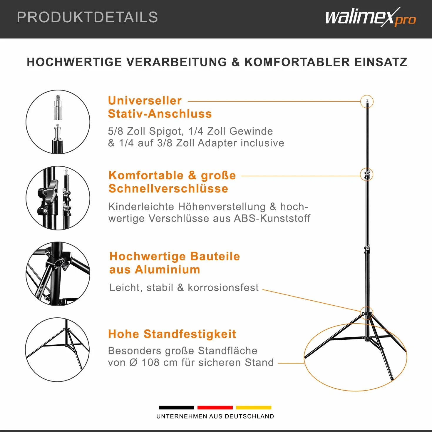 walimex Pro 2X treppiede per lampada WT-806 con ammortizzatore a molla I max. 256 cm I Treppiede per illuminazione stabile in grado di supportare fino a 6 kg