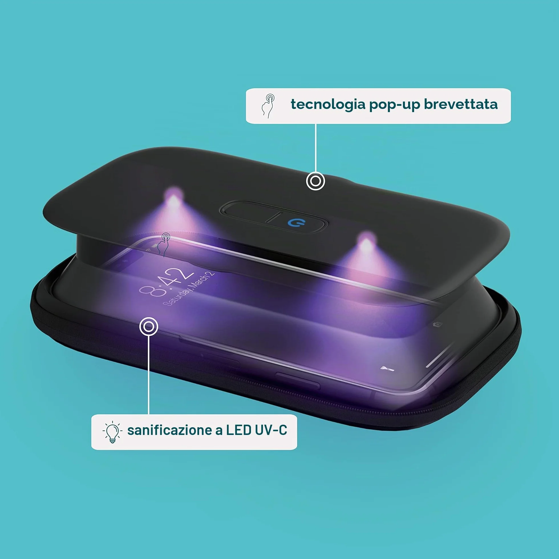 HoMedics UV-Clean - Sterilizzatore Smartphone UV, Disinfettante, Uccide fino al 99.9% di Virus e Batteri e Sterilizza il Cellulare in 60 Secondi, Nero