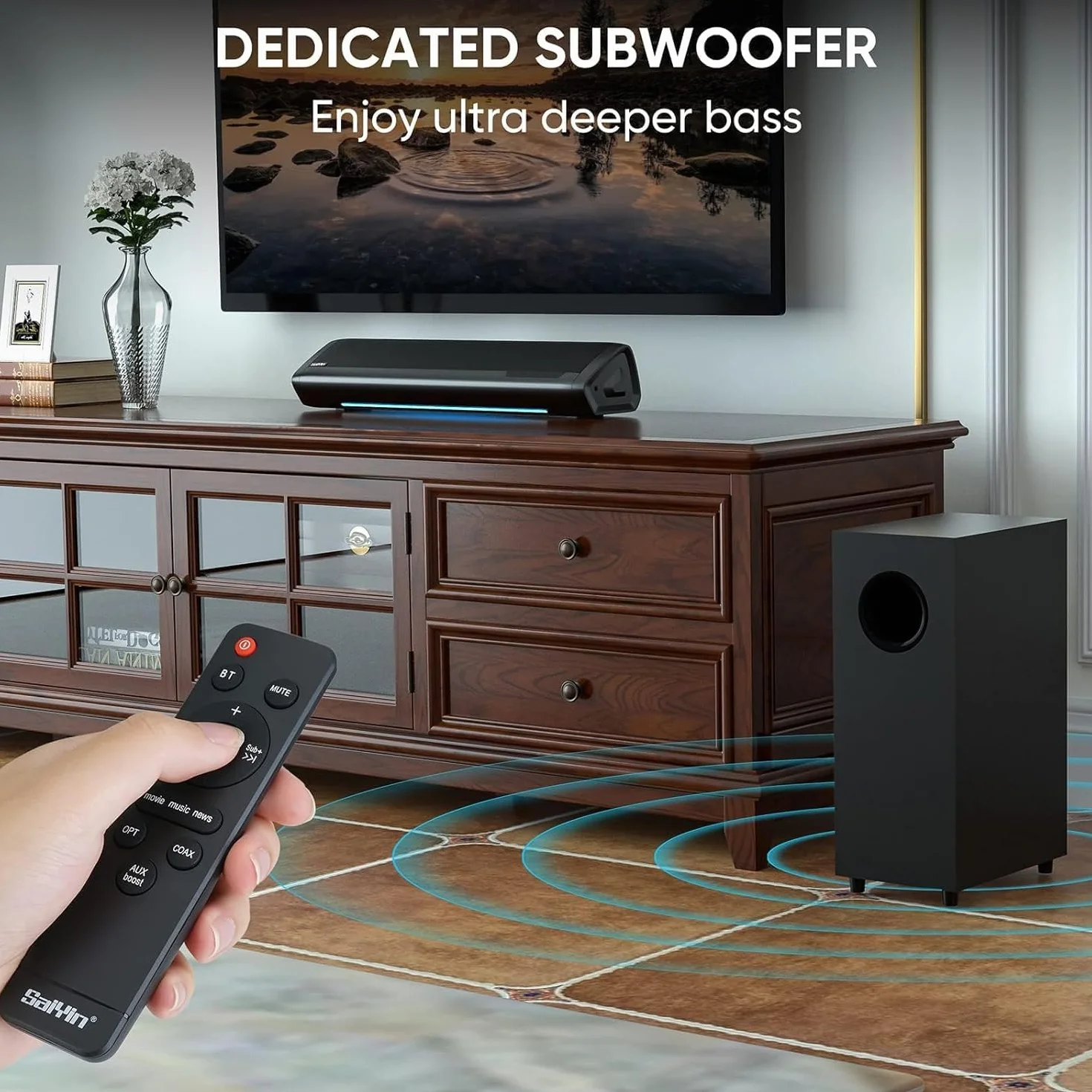 Saiyin Soundbar con Subwoofer per TV 17 Pollici 2.1 Canali Bluetooth Ottico AUX