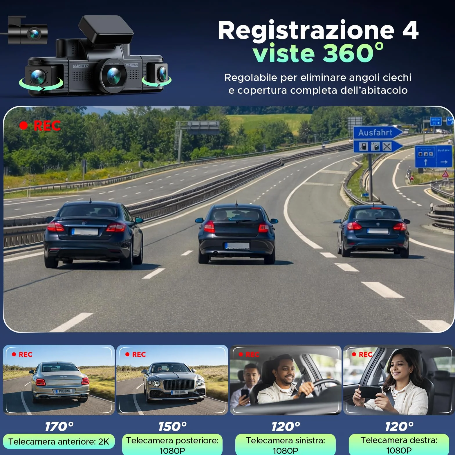LAMTTO Dash Cam Auto 4 Canali 360°, Telecamera Auto 2K Anteriore + 1080P Posteriore, Interno e Laterali, WiFi 5GHz, Visione Notturna IR, G-Sensor, Dashcam con Kit Hardwire e Scheda 64GB Inclusa