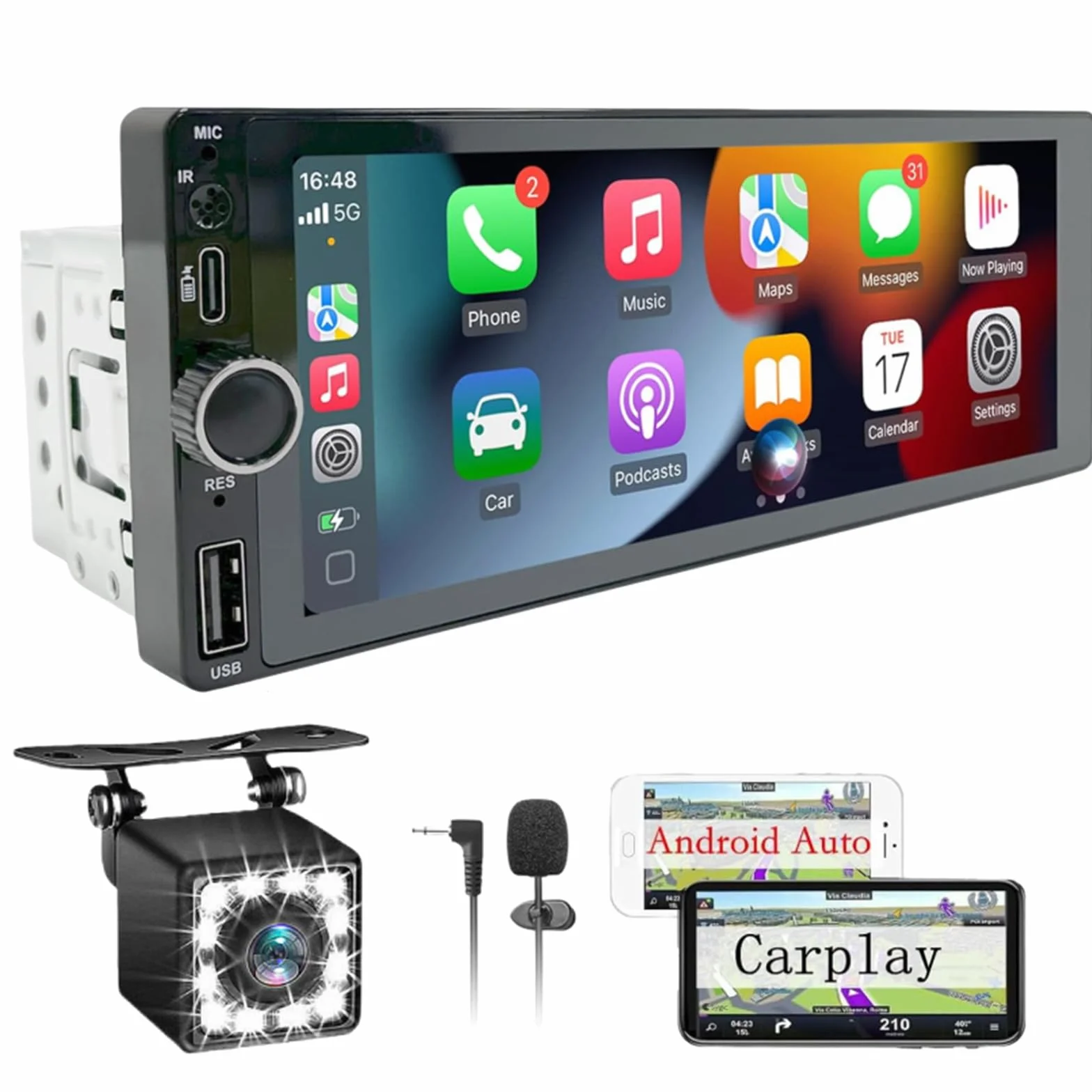 Stereo 1 DIN con Schermo, 6.86 Pollici Touchscreen Autoradio Carplay 1 Din, Radio Auto Car Play Supporta Mirror Link con Telecamera Posteriore, Supporto Type-C di Ricarica/USB/Mic/EQ/SWC