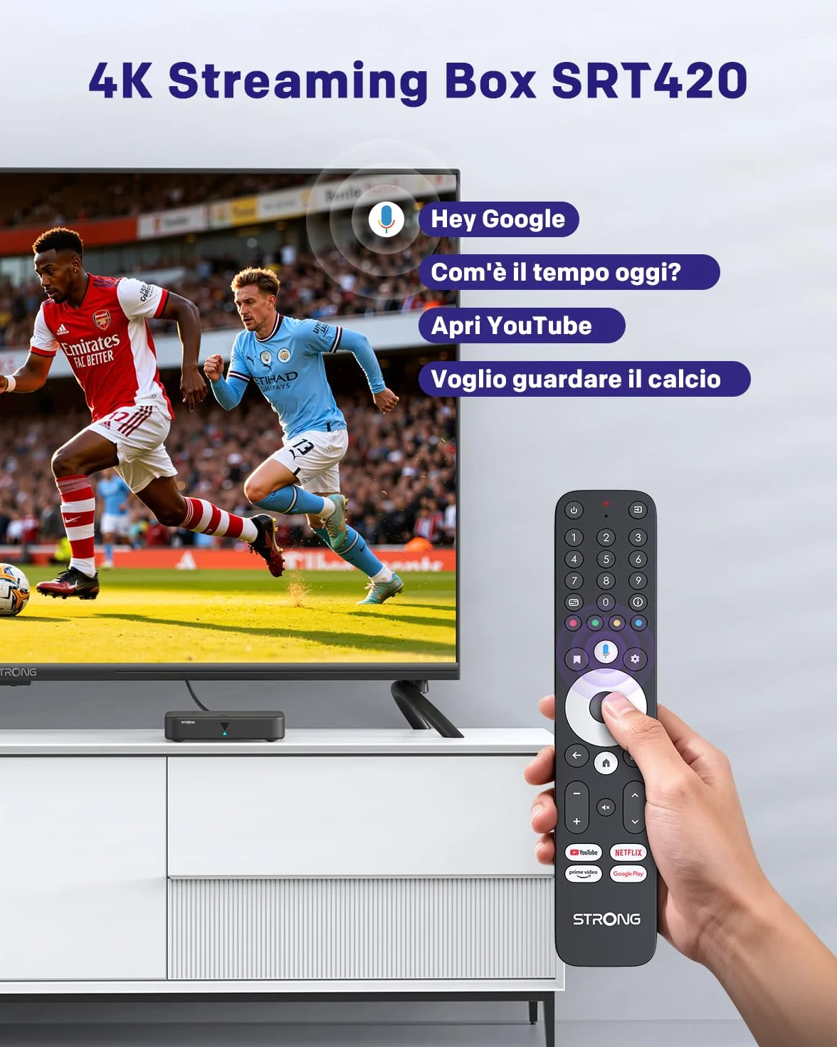 STRONG SRT420 Streaming Box Android TV, DVB-T 4K UHD, 2GB RAM + 8GB Memoria, Wi-Fi 5, Bluetooth BLE 5.0, HDR10+, Nero